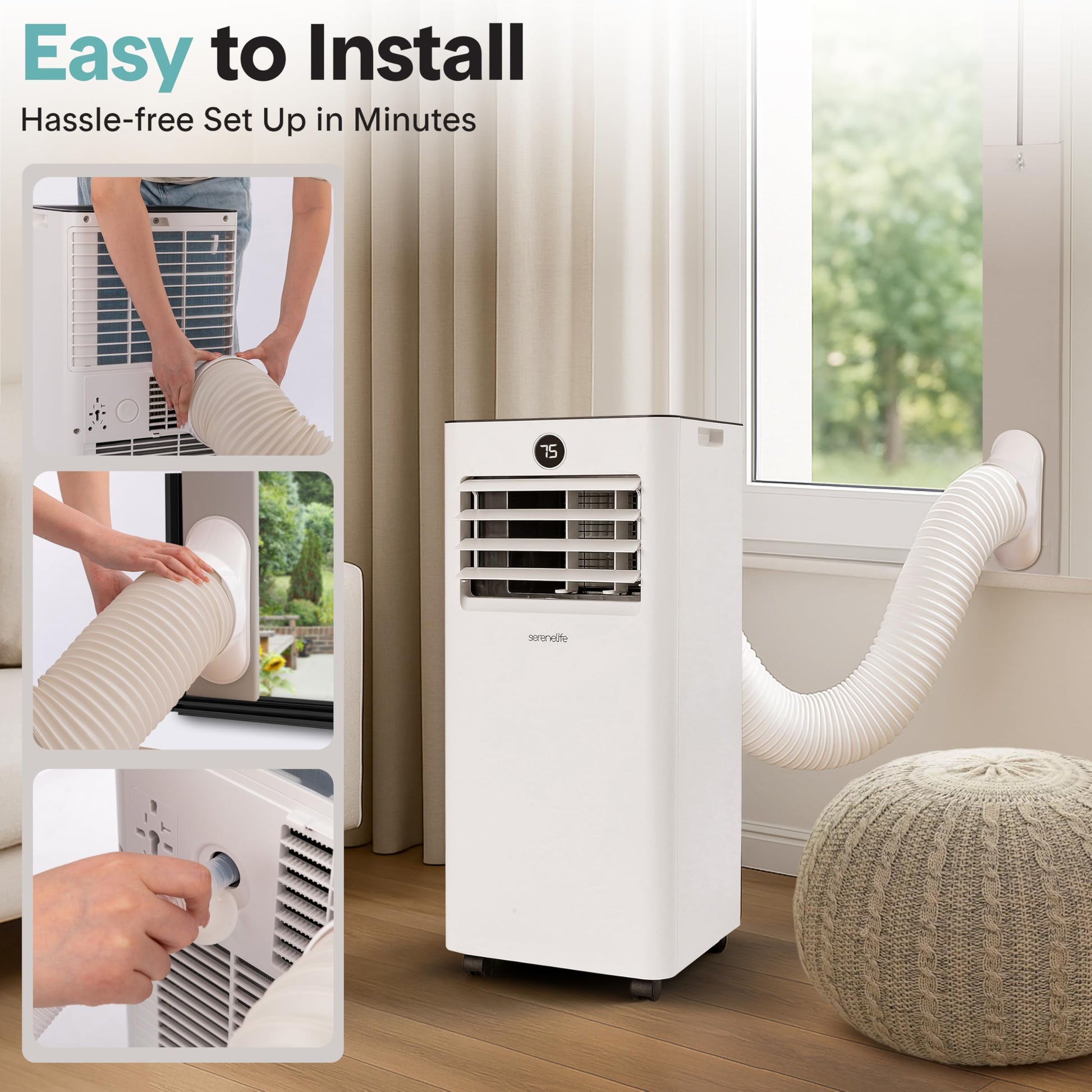 Split image showing cool (blue airflow) and heat (orange airflow) modes of the portable AC in living room and bedroom scenes.