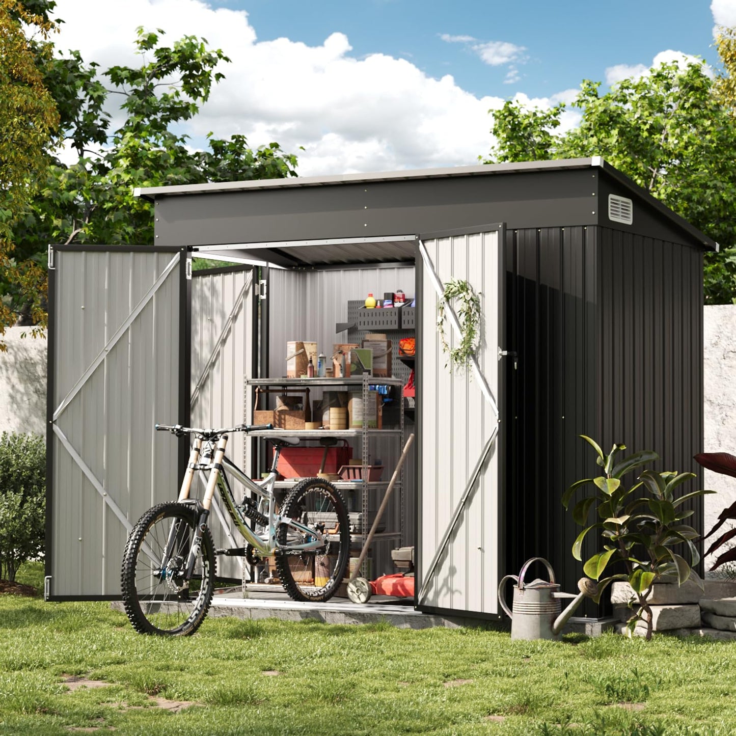 Aoxun 8x4ft Metal Garden Shed Pent Roof, Bike Sheds and Outdoor Storage