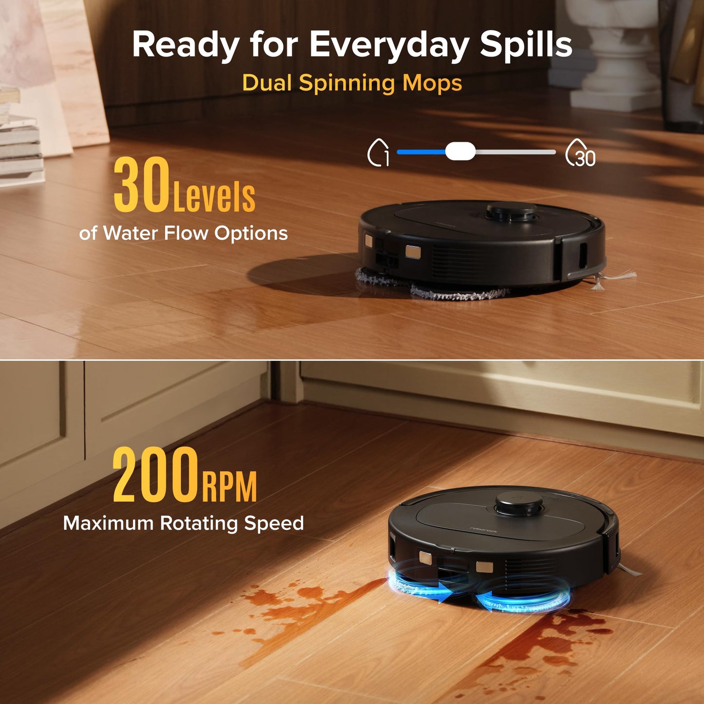 Adult playing with a cat on a rug while the robot vacuum runs nearby and a '0% Hair Tangling' badge visible
