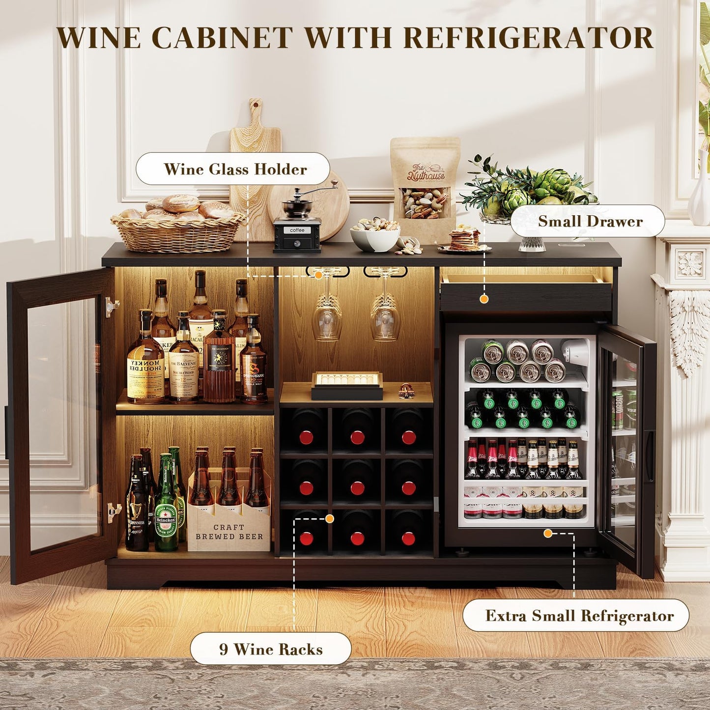 BROTTAR Wine Bar Cabinet with Fridge (Fridge Included), Drinks Coffee Cabinet with LED Lights & Rack, Mini Fridge Cabinet with Storage, Human Body Sensor, Sideboard for Kitchen Dining Room, Black