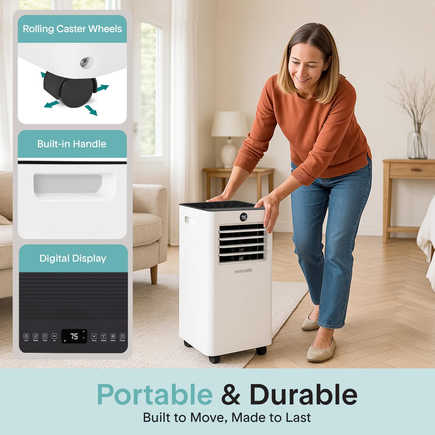 Person moving the portable AC to demonstrate built-in handles and rolling caster wheels for easy mobility.