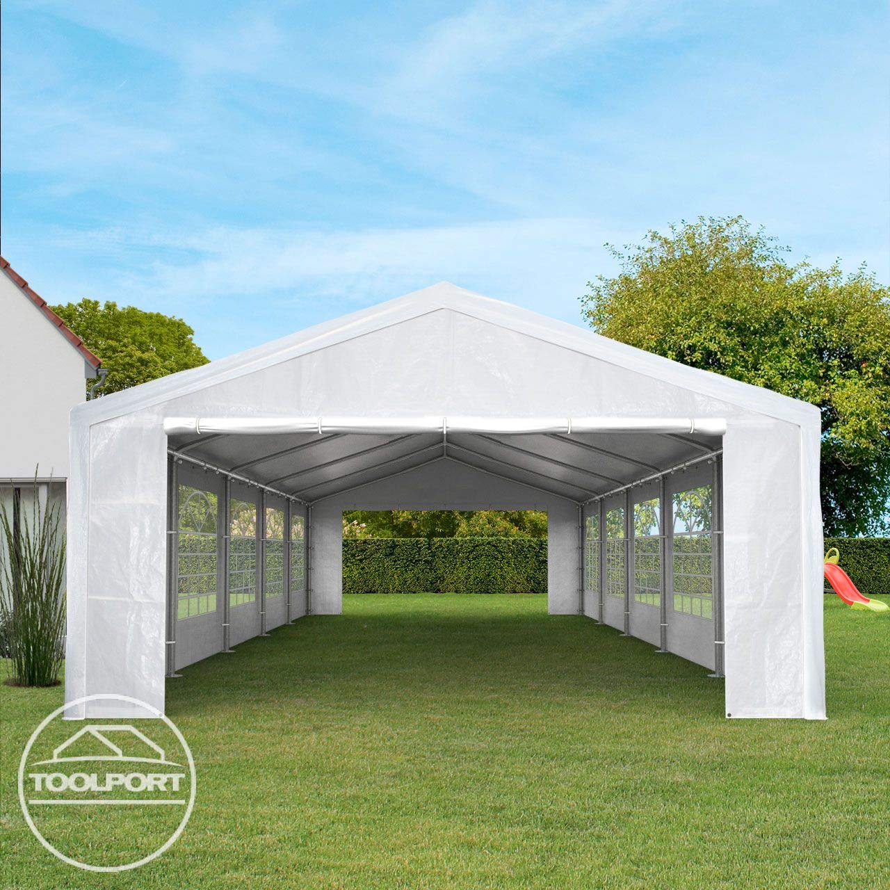 Front-facing view into marquee showing interior steel frame, roof bars and arched side windows