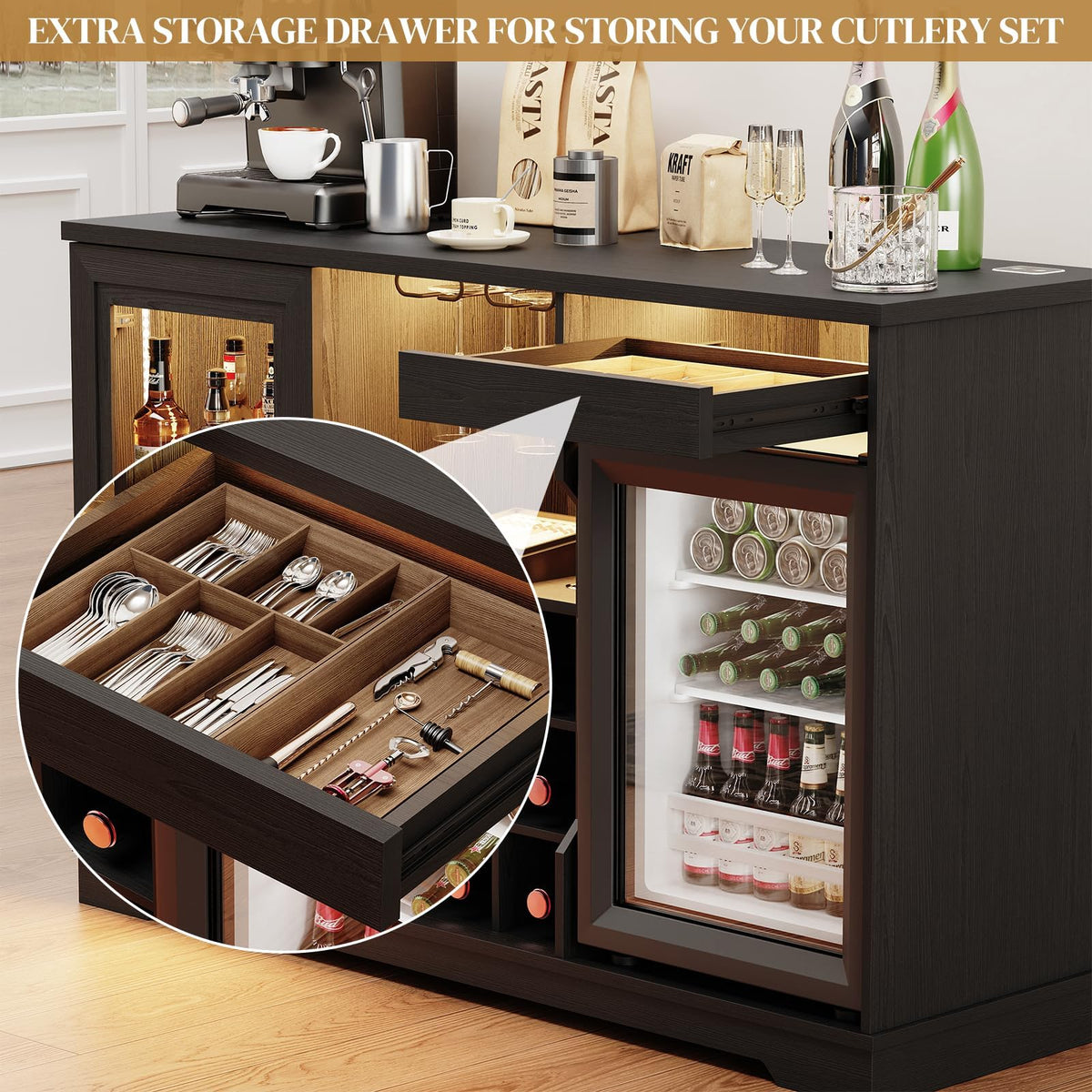 BROTTAR Wine Bar Cabinet with Fridge (Fridge Included), Drinks Coffee Cabinet with LED Lights & Rack, Mini Fridge Cabinet with Storage, Human Body Sensor, Sideboard for Kitchen Dining Room, Black