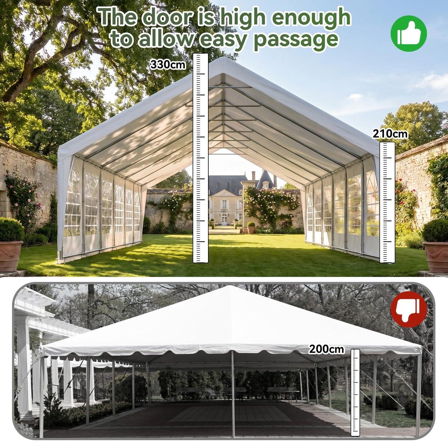 Front view through the marquee showing a tall central doorway (330cm) and 210cm side clearance with a landscaped garden be…