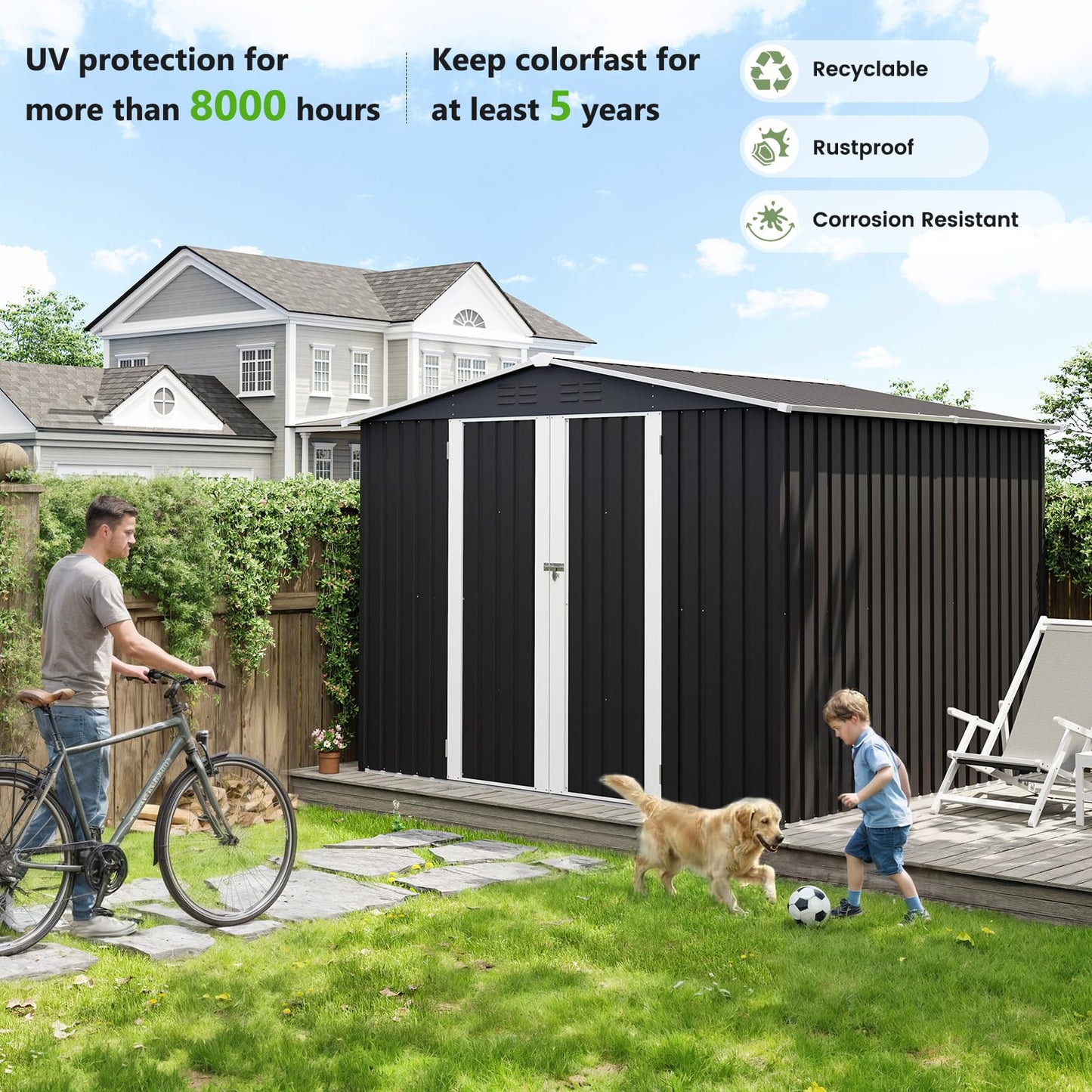UDPATIO Outdoor Storage Shed 8x8 FT, Outside Sheds & Outdoor Storage Metal Galvanized Steel Yard, Patio, Lawn, Tool Shed with Lockable Door for Can, Bike, Lawnmower, Generator,Dark Grey