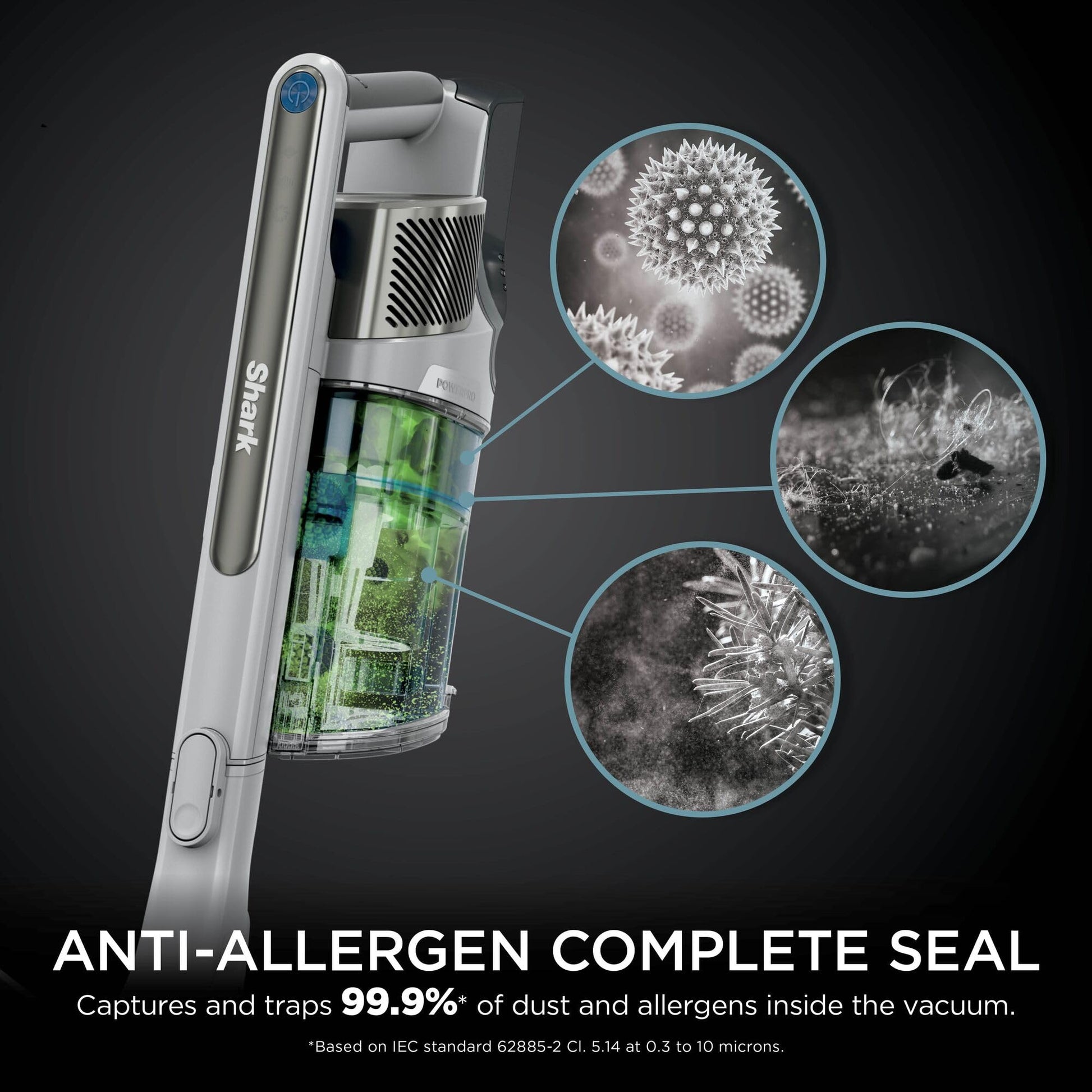 Handheld vacuum and clear dustcup with magnified circles showing pollen and dust to highlight the Anti‑Allergen Complete S…