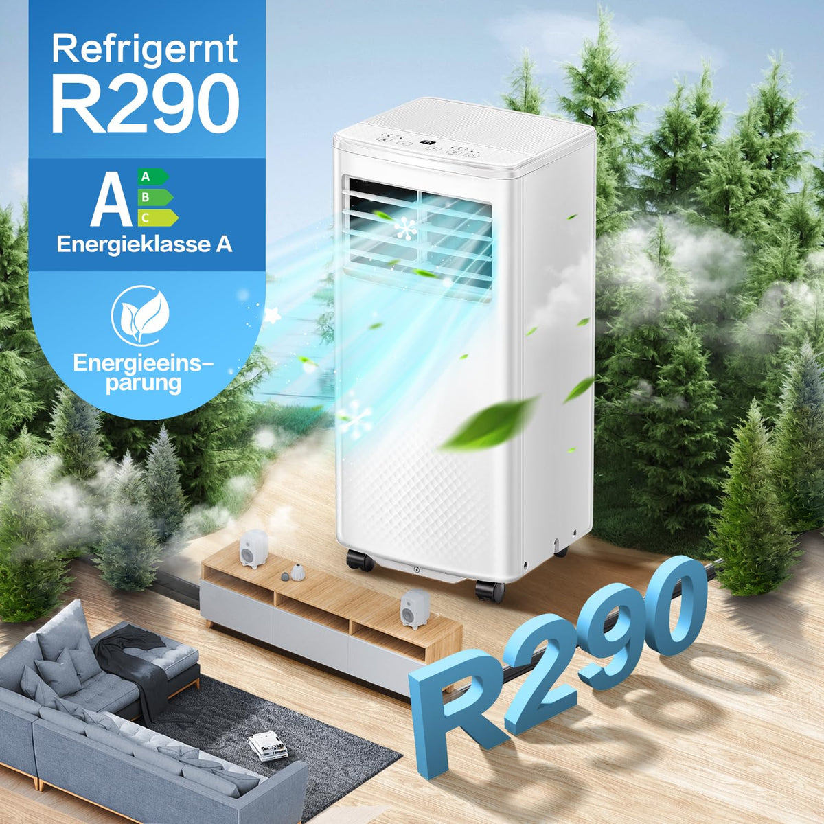 Air Conditioning Unit, 9000 BTU Portable Air Conditioner with 4-in-1 Cooling & Fan & Dehumidifier Function, AC Unit with Digital Display & Remote Control, 24H Timer for Room Up to 25~35 ㎡