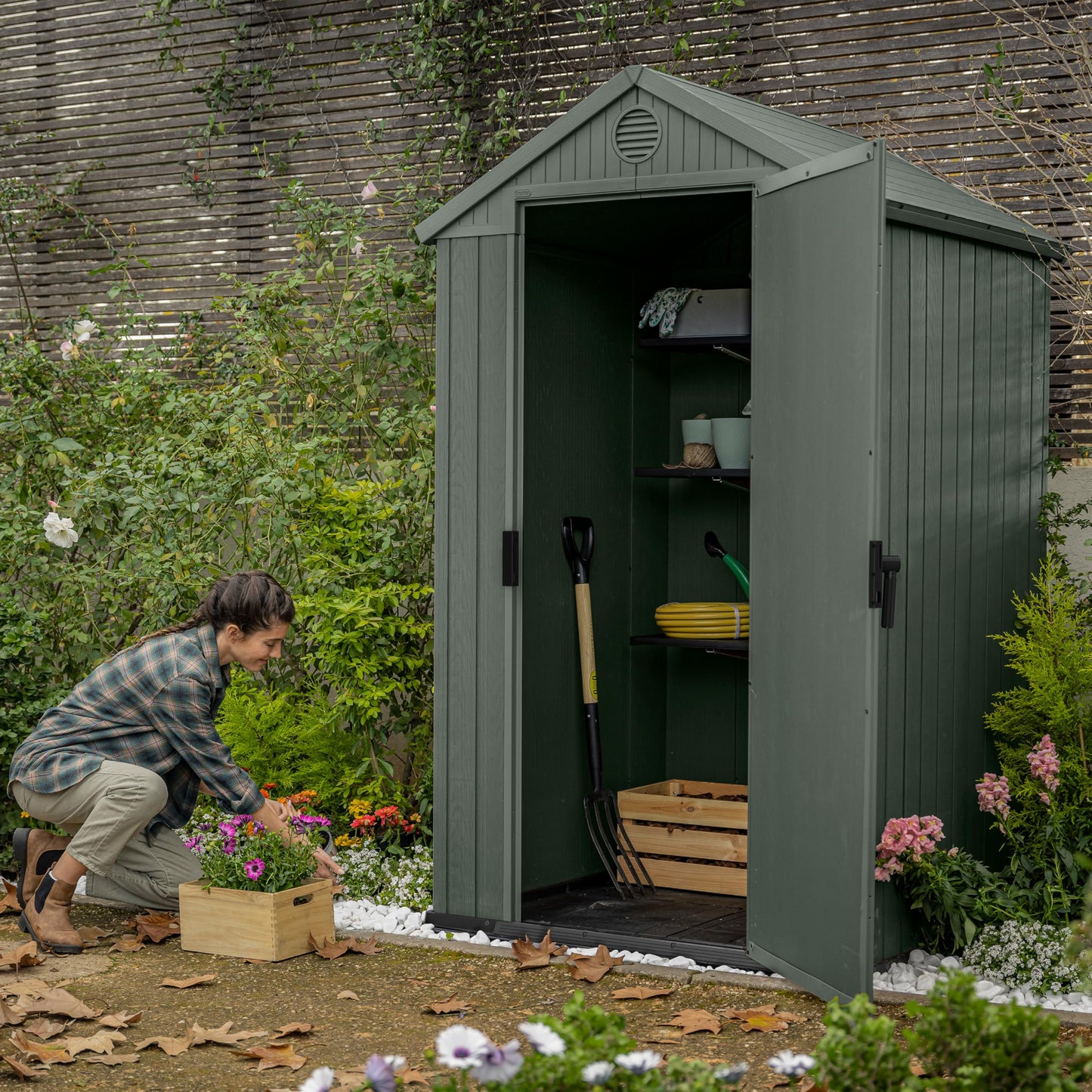 Keter Darwin 4x4 Outdoor Storage Shed - Green | Small Resin Garden Tool Shed | Wood-Effect Weatherproof Double-Wall with Skylight & Ventilation