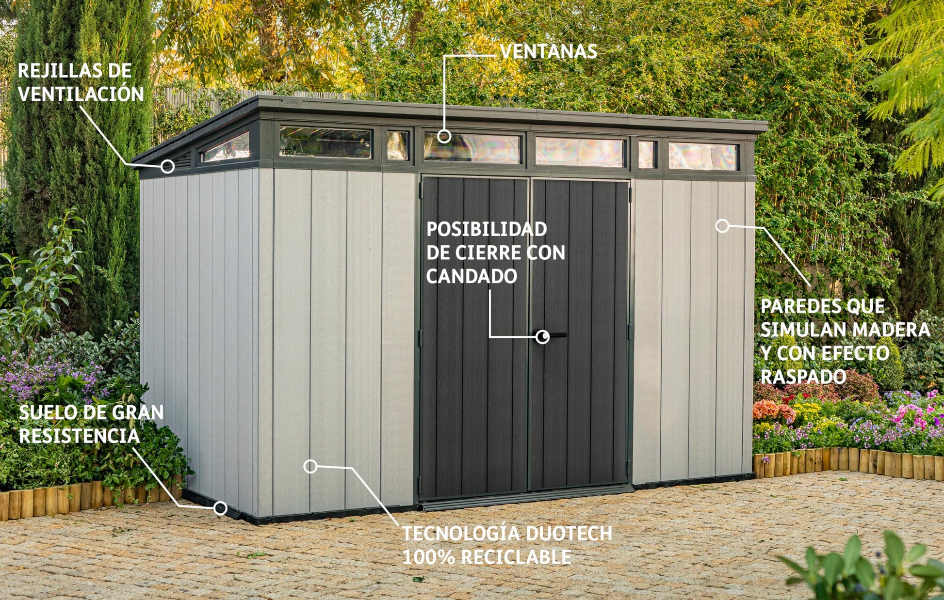 Garden shot of the shed with Spanish callouts pointing to ventilation grilles, windows and lock option