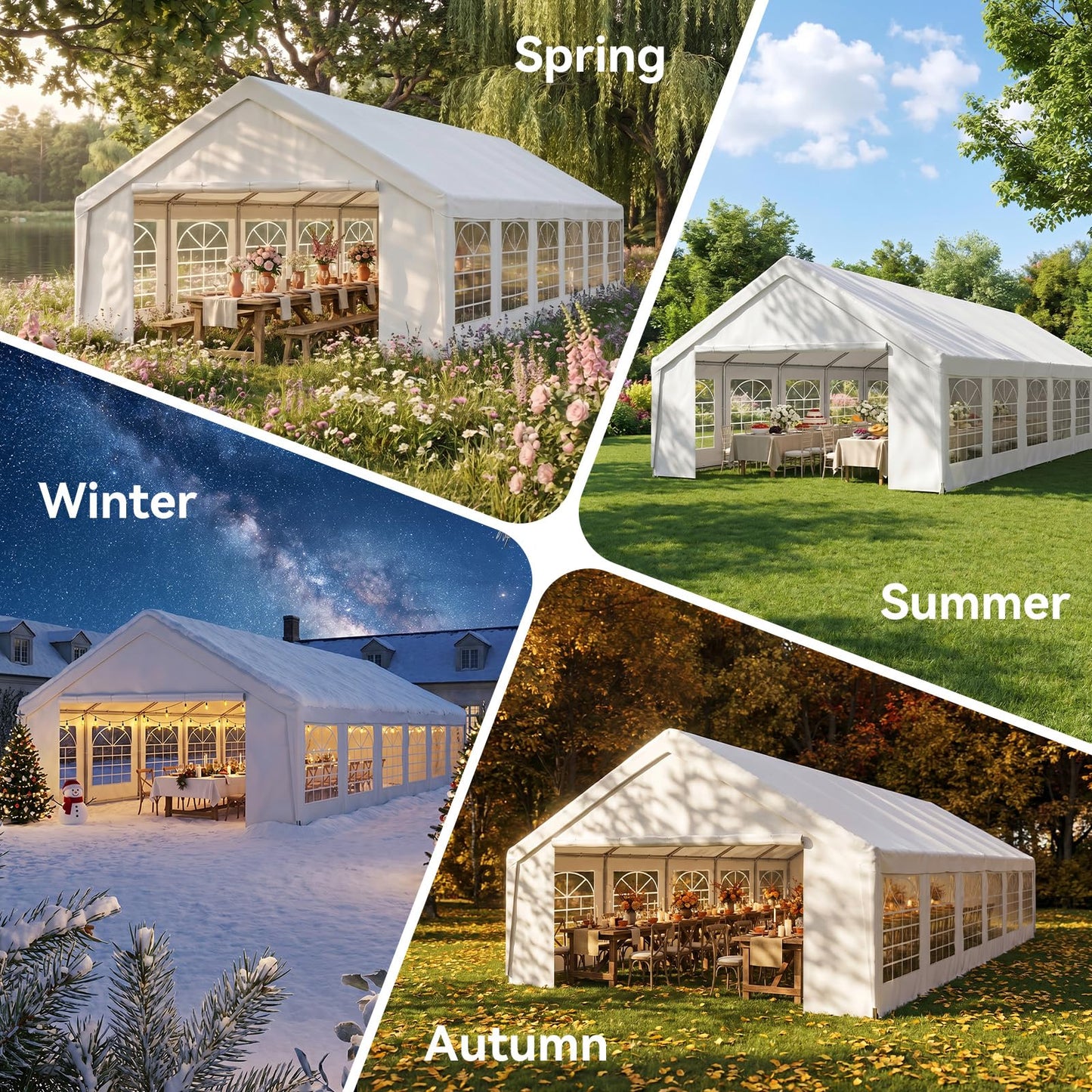 Four‑season collage showing the marquee set up for spring, summer, autumn and winter event scenes.