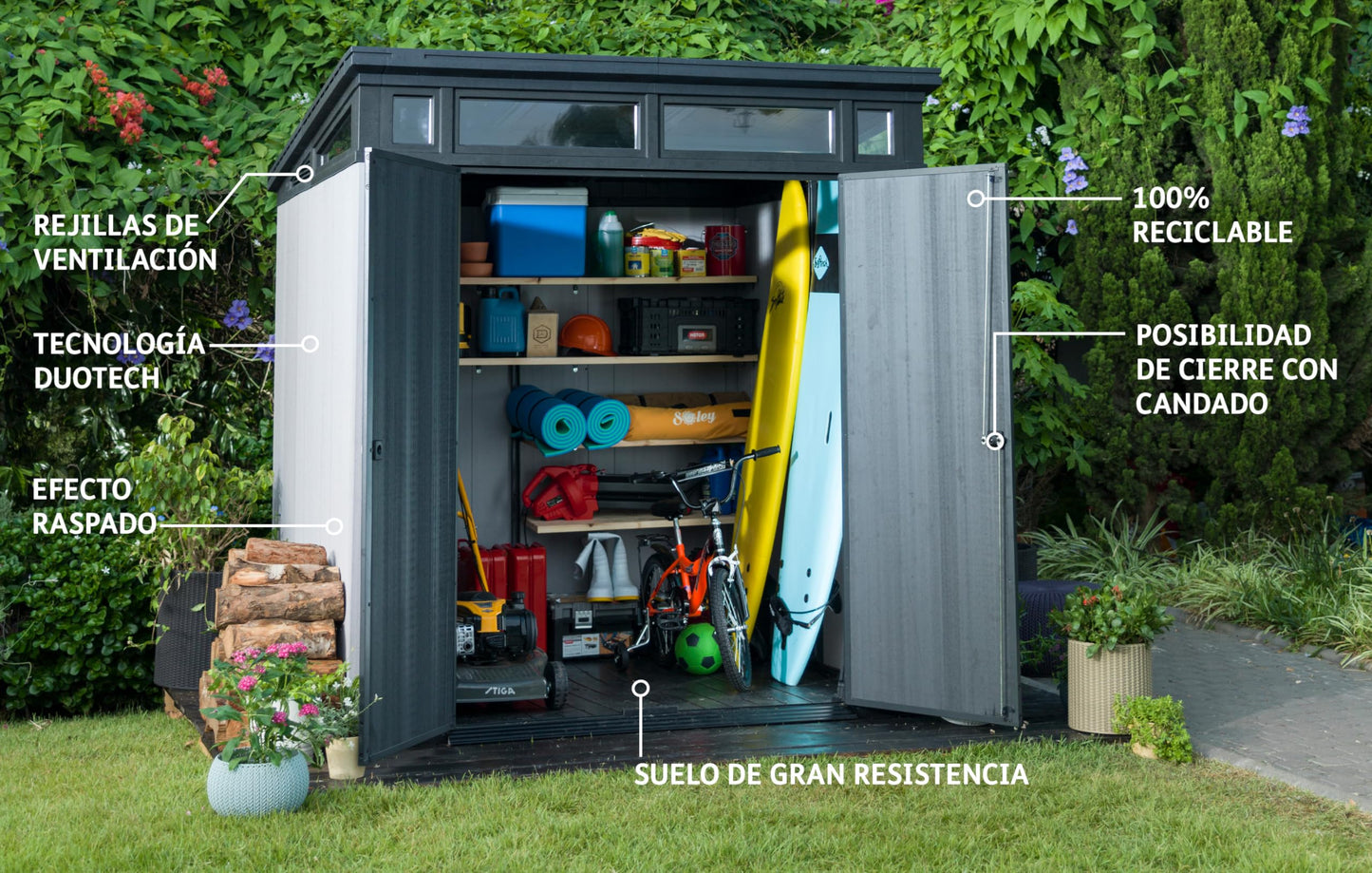 Open shed showing organized storage: shelves, cooler, bike and surfboards, with garden background and Spanish feature labels.