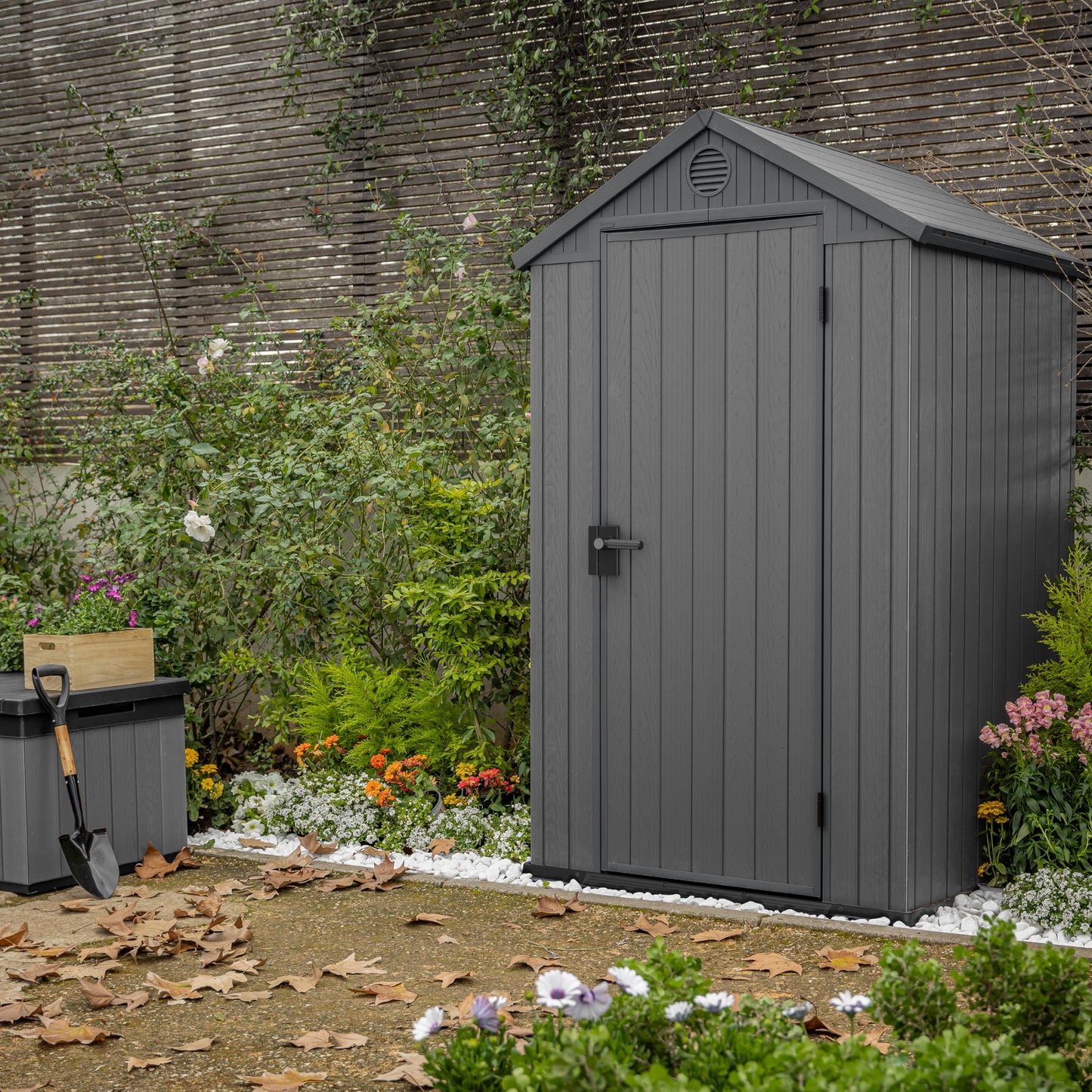 Keter Darwin 4x4 Outdoor Storage Shed - Grey | Small Resin Garden Tool Shed | Wood-Effect Weatherproof Double-Wall with Skylight & Ventilation