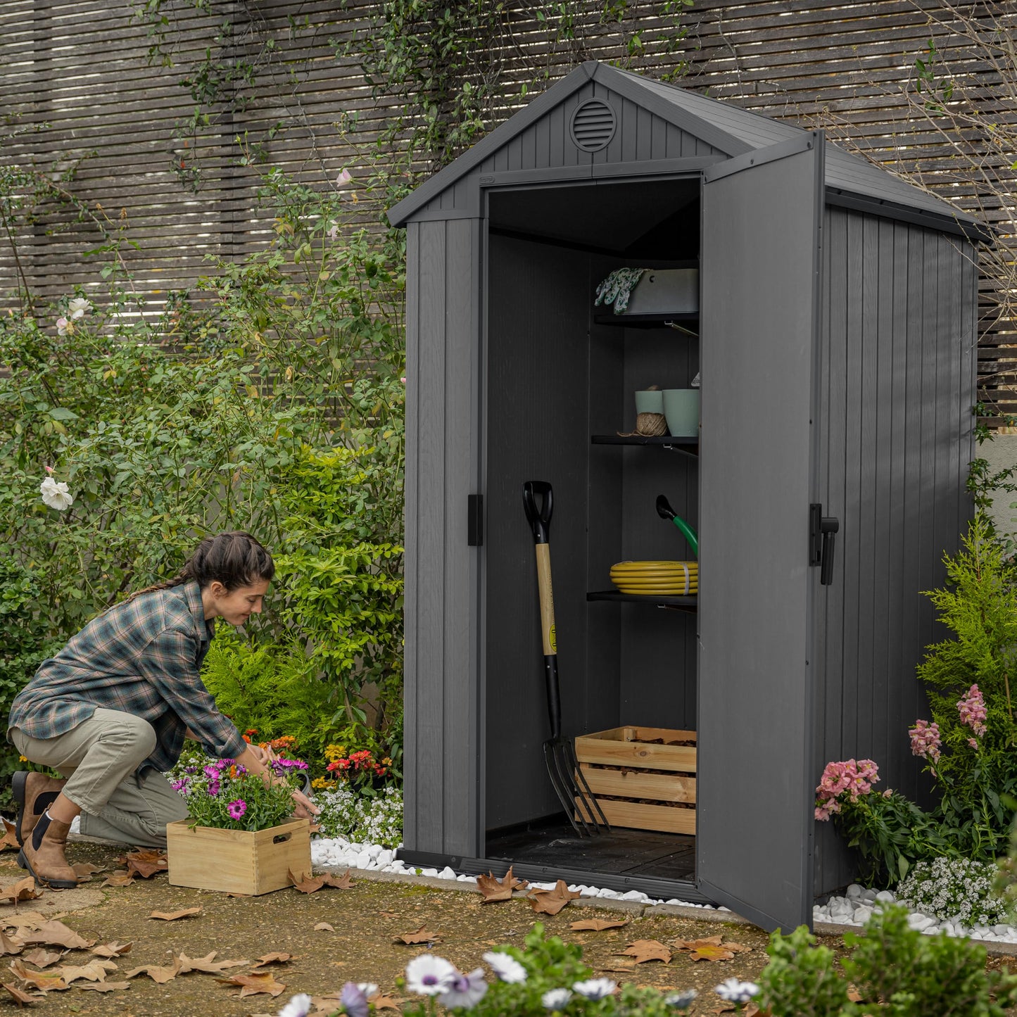 Keter Darwin 4x4 Outdoor Storage Shed - Grey | Small Resin Garden Tool Shed | Wood-Effect Weatherproof Double-Wall with Skylight & Ventilation