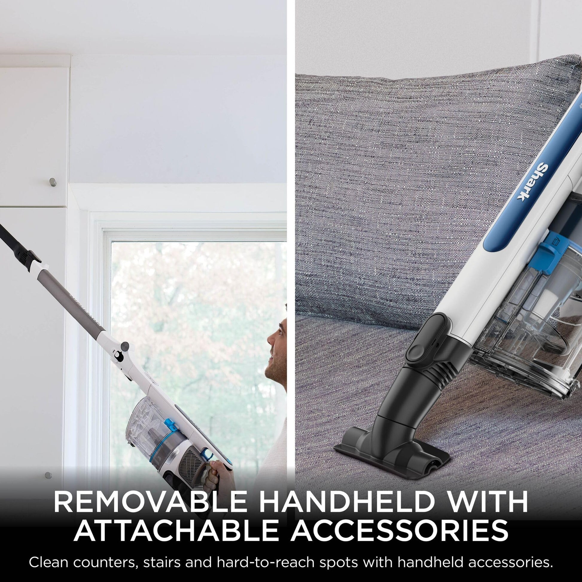 Left: person using the extended wand to clean high surfaces; right: upholstery tool cleaning a grey sofa cushion.