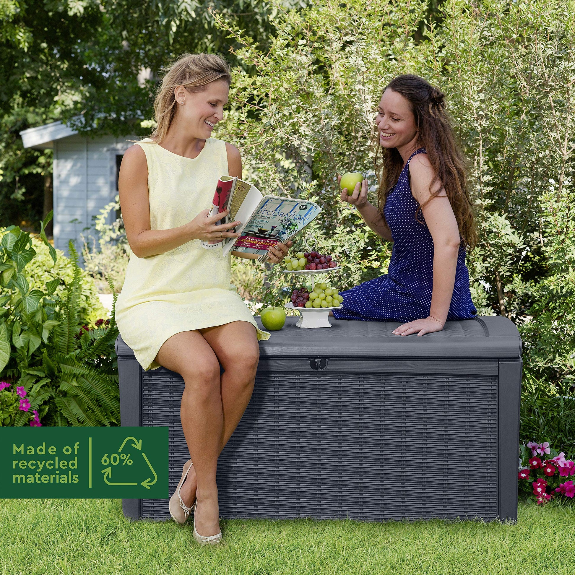 Close-up angle of the box corner showing the rattan-effect side panel and lid detail