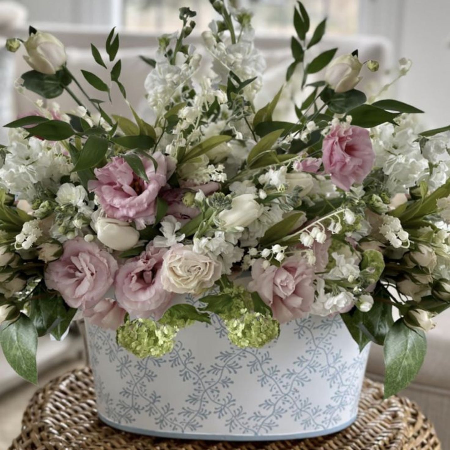 White & Pale Blue Trellis Scalloped Planter
