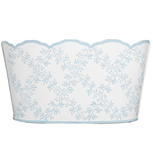 White & Pale Blue Trellis Scalloped Planter