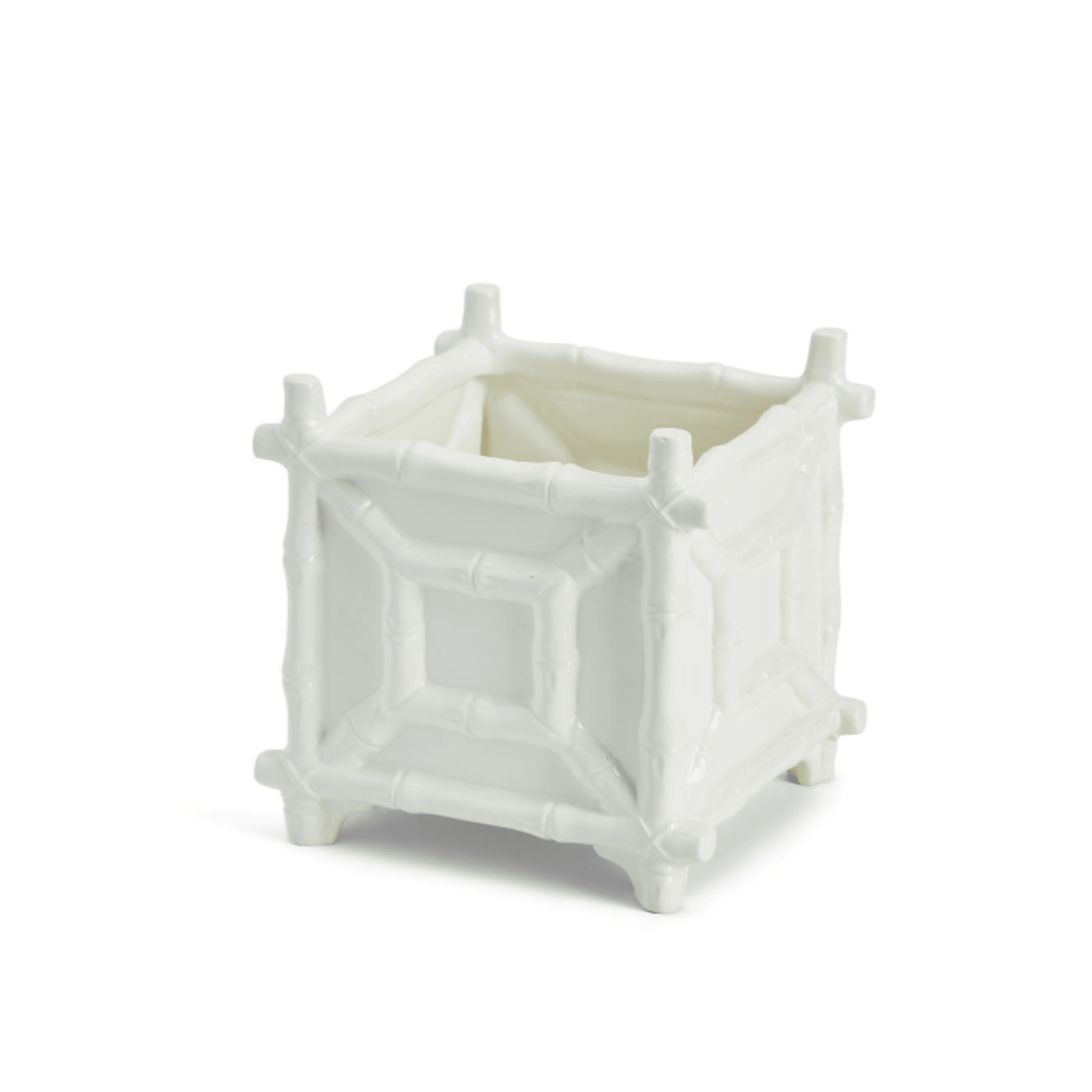 White Ceramic Faux Bamboo Fretwork Cachepot
