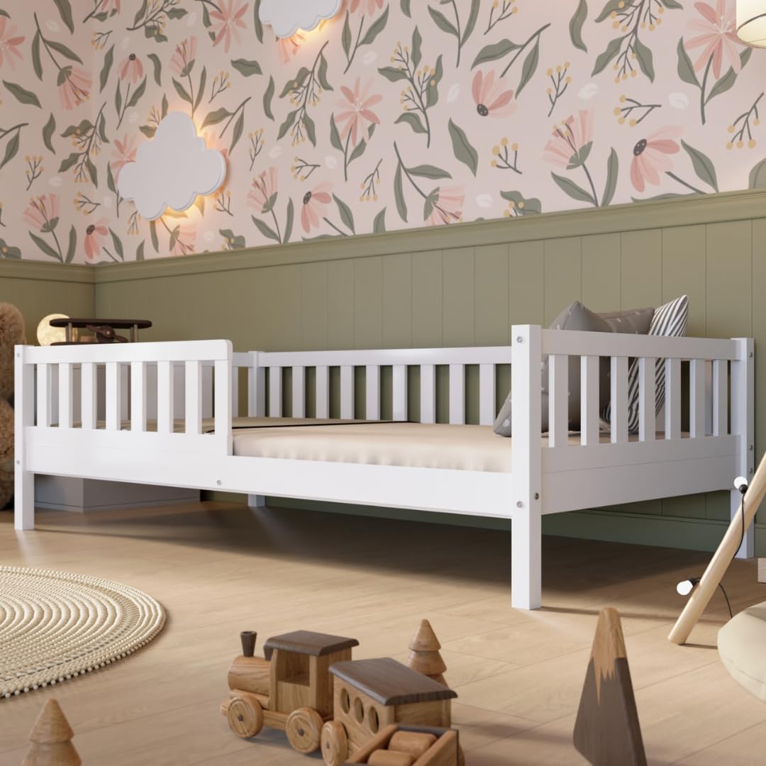 Crazy Pine Montessori Kinderbett mit Schubladen – Massivholz Bodenbett mit Rausfallschutz, Skandinavisches Design – Bild 2