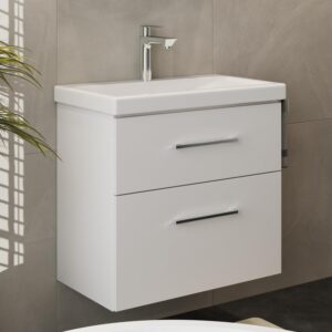 Planetmöbel Badmöbel Set 63 cm Anthrazit mit Keramik Waschbecken, Spiegelschrank 60 cm LED & Steckdose, Modern