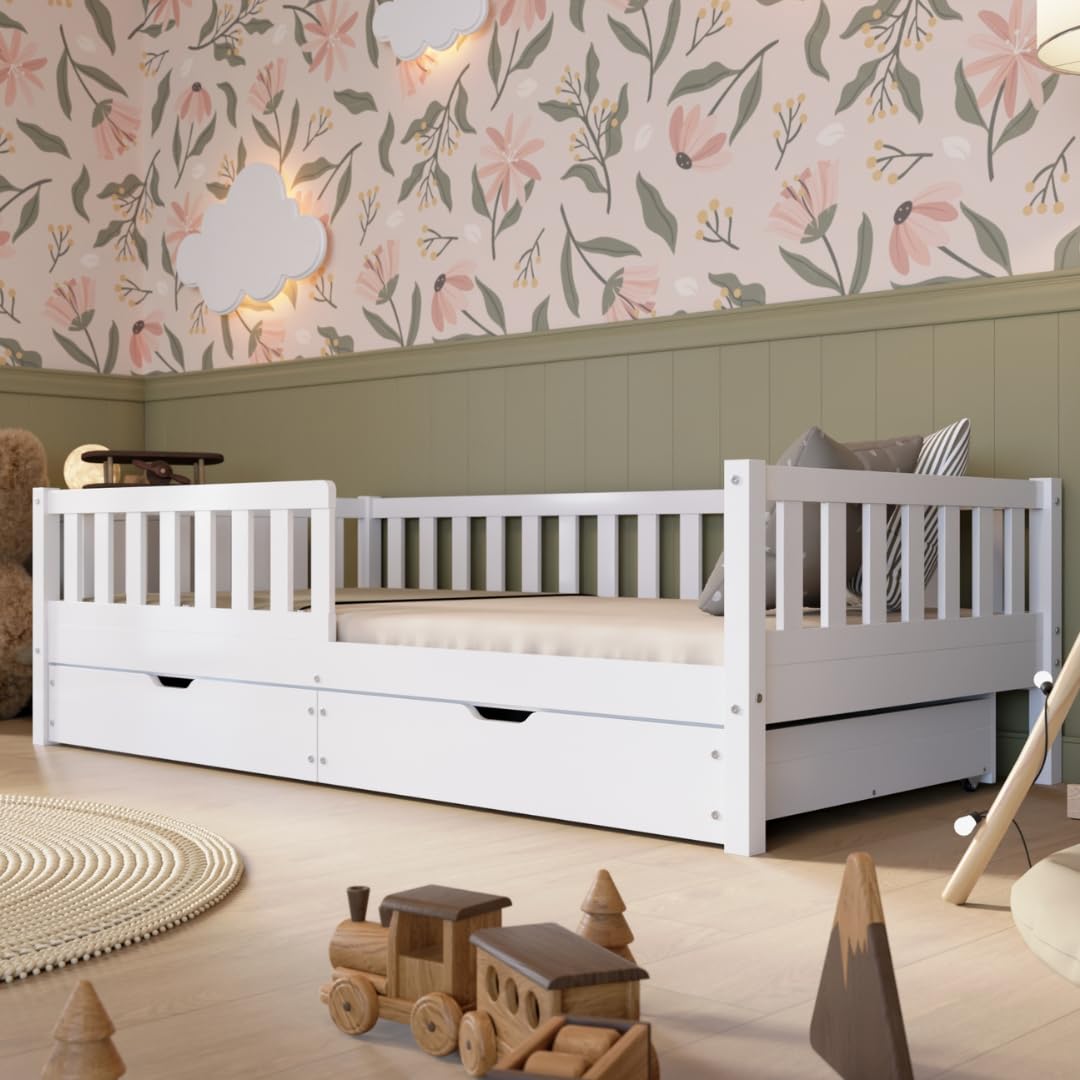 Crazy Pine Montessori Kinderbett mit Schubladen – Massivholz Bodenbett mit Rausfallschutz, Skandinavisches Design – Bild 5
