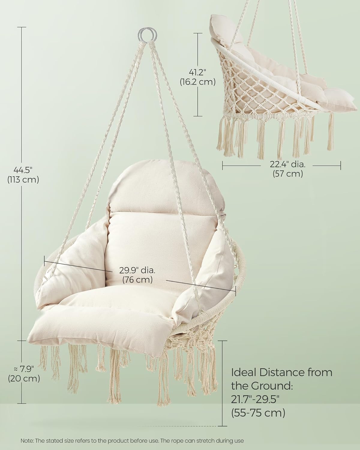 SONGMICS Hängesessel Baumwolle mit Kissen – Boho Hängestuhl Cremeweiß, Metallrahmen Schaukelstuhl für Garten, Balkon & Schlafzimmer – Bild 2