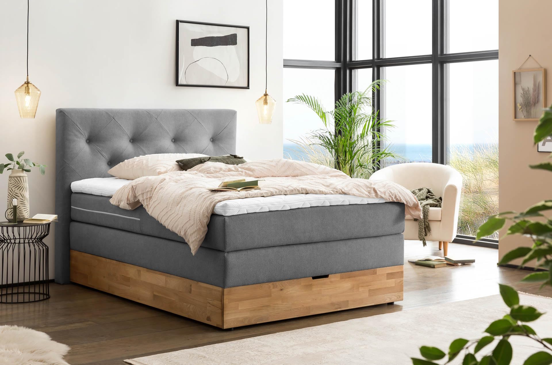 Belanoti Marbo Boxspringbett mit Bettkasten, 7-Zonen Taschenfederkern Matratze & Visco Topper, Massivholz Eiche, Polsterbett – Bild 6
