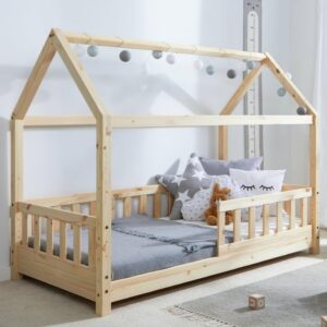TiCAA Kay Kinderbett Hausbett aus Kiefer Massivholz mit Lattenrost & Rausfallschutz – Montessori Bodenbett für Kinderzimmer