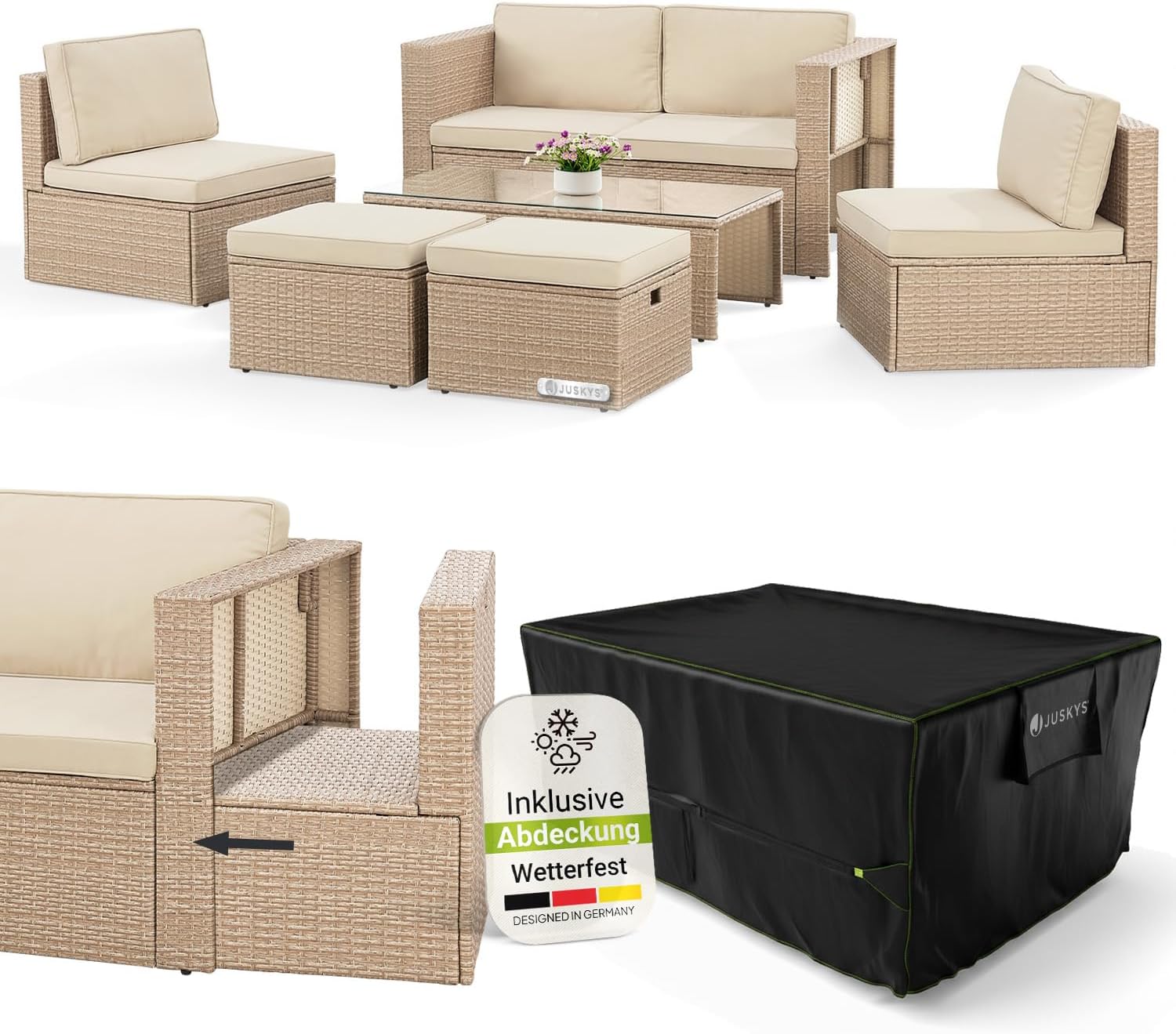 Juskys Polyrattan Gartenmöbel Set Salou mit Abdeckung, Outdoor Lounge mit Tisch & Kissen – Bild 3