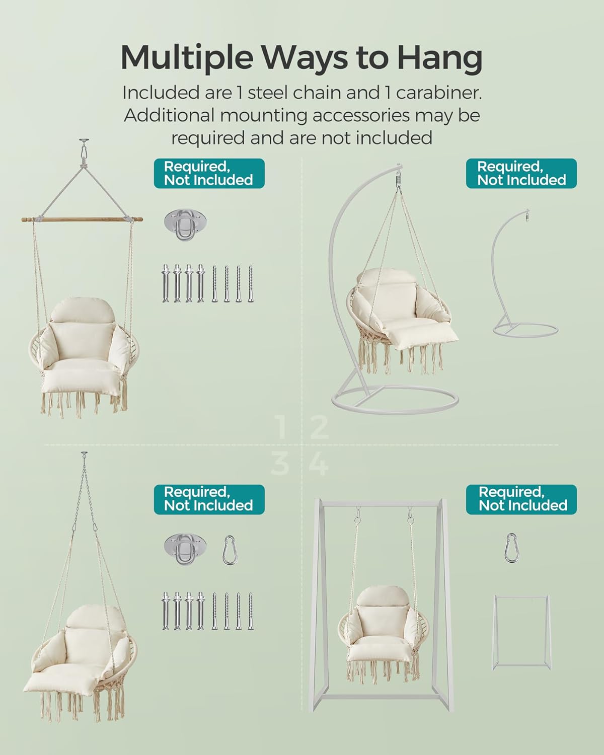 SONGMICS Hängesessel Baumwolle mit Kissen – Boho Hängestuhl Cremeweiß, Metallrahmen Schaukelstuhl für Garten, Balkon & Schlafzimmer – Bild 3