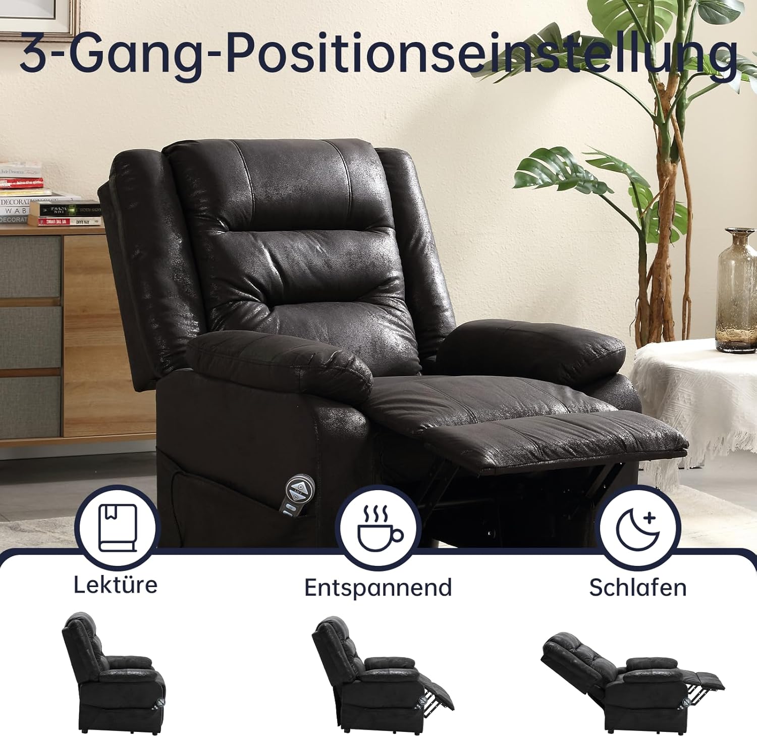 Asukale Elektrischer Relaxsessel mit Aufstehhilfe, Massage & Heizfunktion, Fernsehsessel verstellbar mit Fußstütze & Fernbedienung – Bild 3