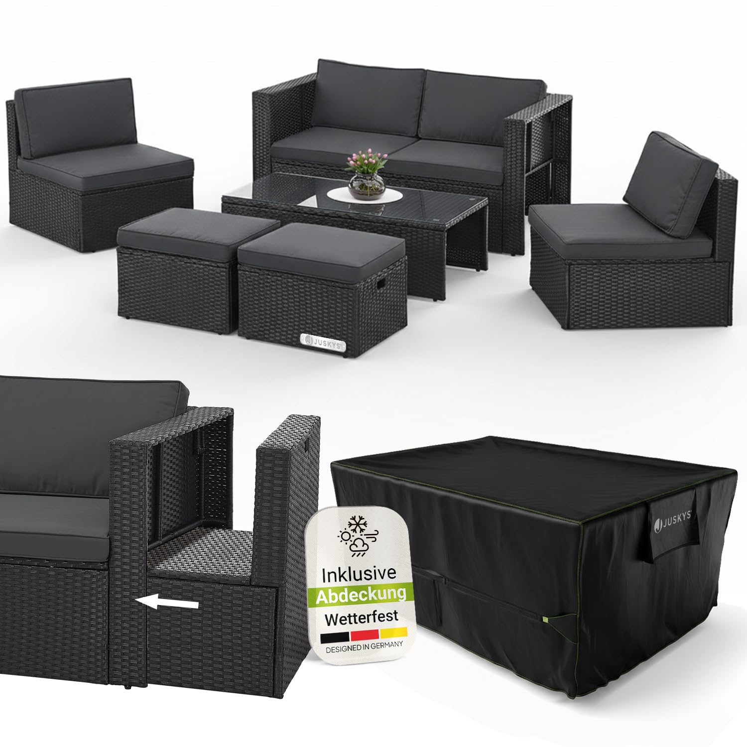 Juskys Polyrattan Gartenmöbel Set Salou mit Abdeckung, Outdoor Lounge mit Tisch & Kissen – Bild 4