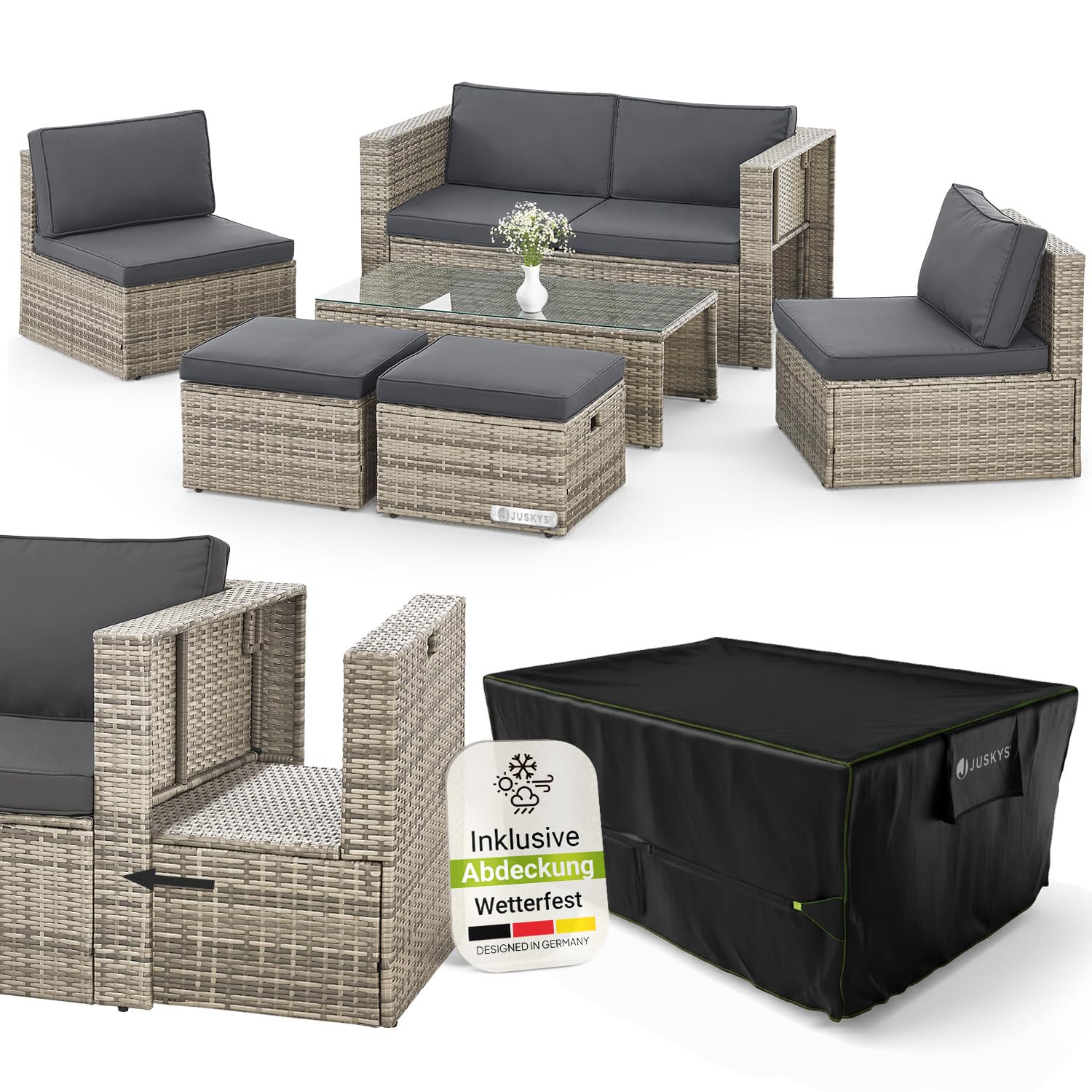 Juskys Polyrattan Gartenmöbel Set Salou mit Abdeckung, Outdoor Lounge mit Tisch & Kissen – Bild 5
