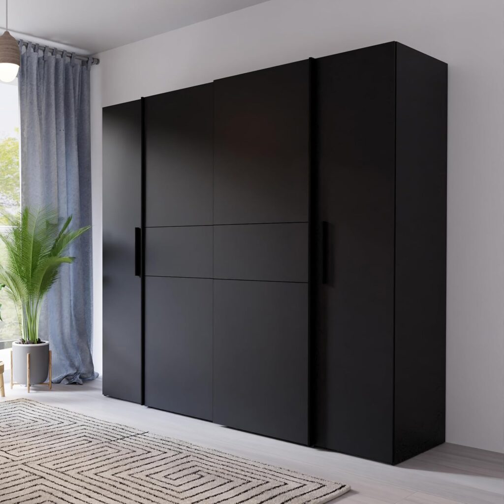 Forte Kalixtus Kleiderschrank mit Schwebetüren – Moderner 4-türiger Kleiderschrank aus Holzwerkstoff mit Kleiderstange & Einlegeböden