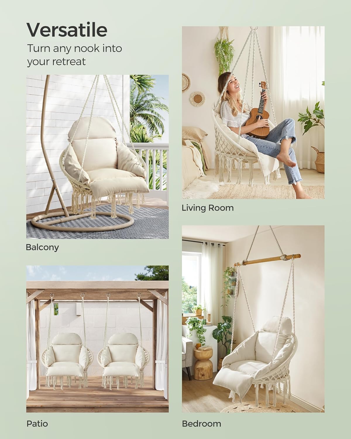 SONGMICS Hängesessel Baumwolle mit Kissen – Boho Hängestuhl Cremeweiß, Metallrahmen Schaukelstuhl für Garten, Balkon & Schlafzimmer – Bild 4