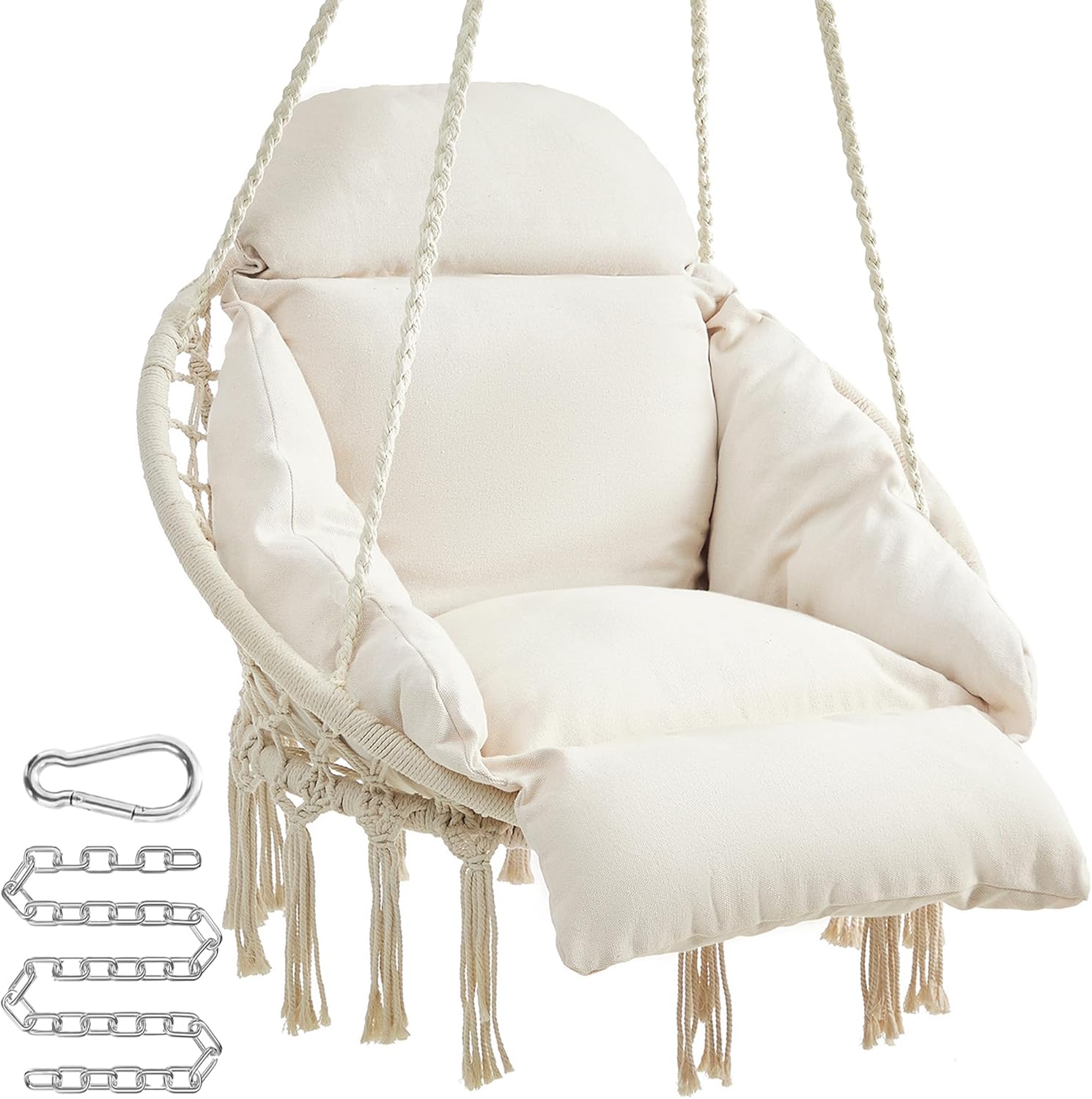 SONGMICS Hängesessel Baumwolle mit Kissen – Boho Hängestuhl Cremeweiß, Metallrahmen Schaukelstuhl für Garten, Balkon & Schlafzimmer – Bild 5
