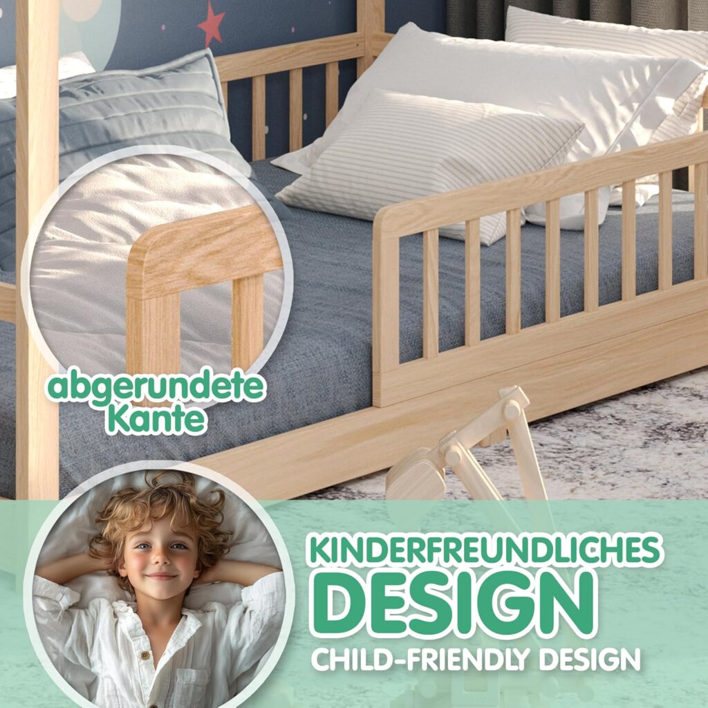 CADANI Malte Kinderbett Hausbett – Montessori Bodenbett aus Massivholz mit Rausfallschutz & Lattenrost – Skandinavisches Kinderbett