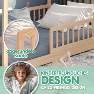 CADANI Malte Kinderbett Hausbett – Montessori Bodenbett aus Massivholz mit Rausfallschutz & Lattenrost – Skandinavisches Kinderbett