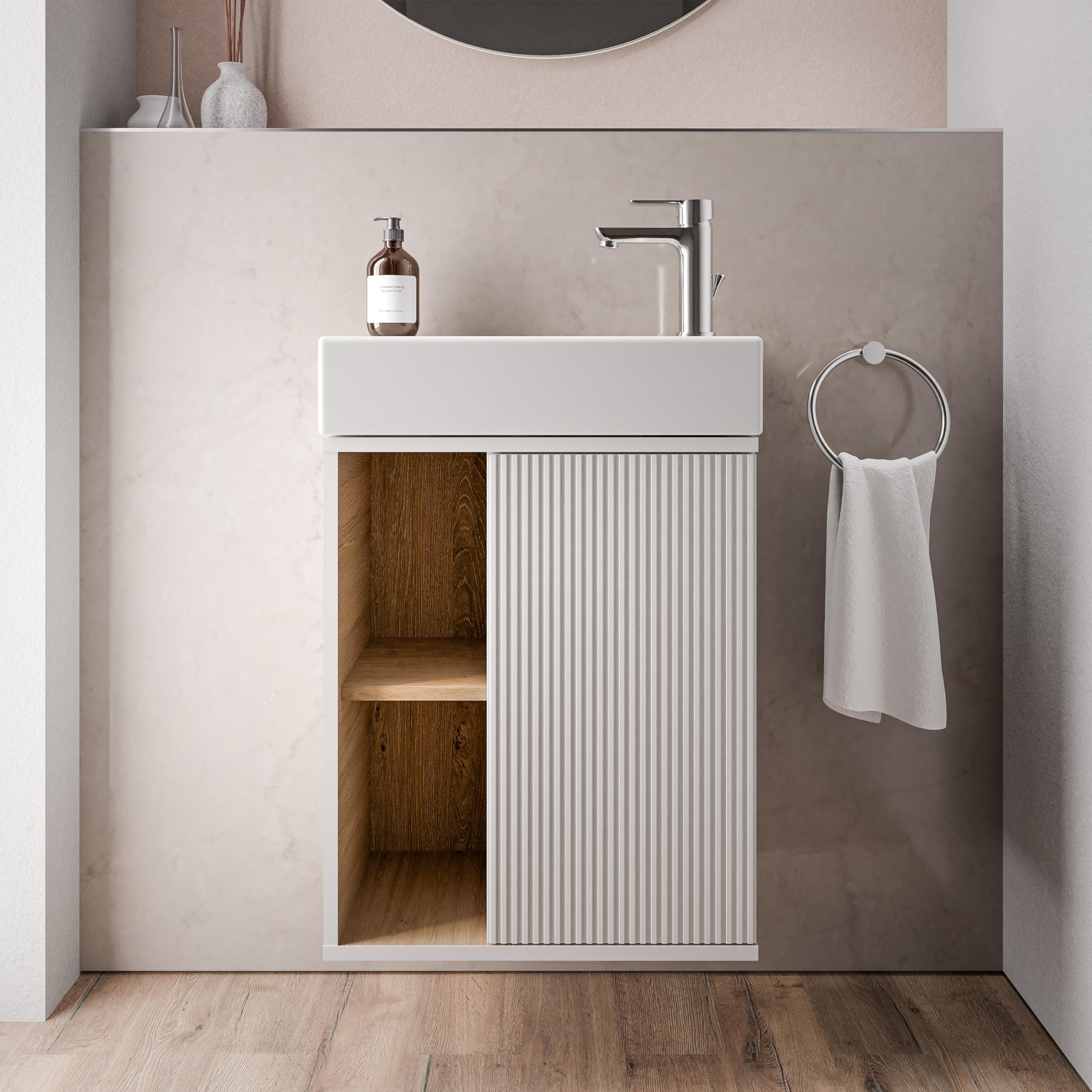 BERNSTEIN Beldivo Badmöbel Set mit Waschbecken – Wandhängender Waschtischunterschrank mit Keramikbecken, Push-Open & Soft-Close, MDF – Bild 4