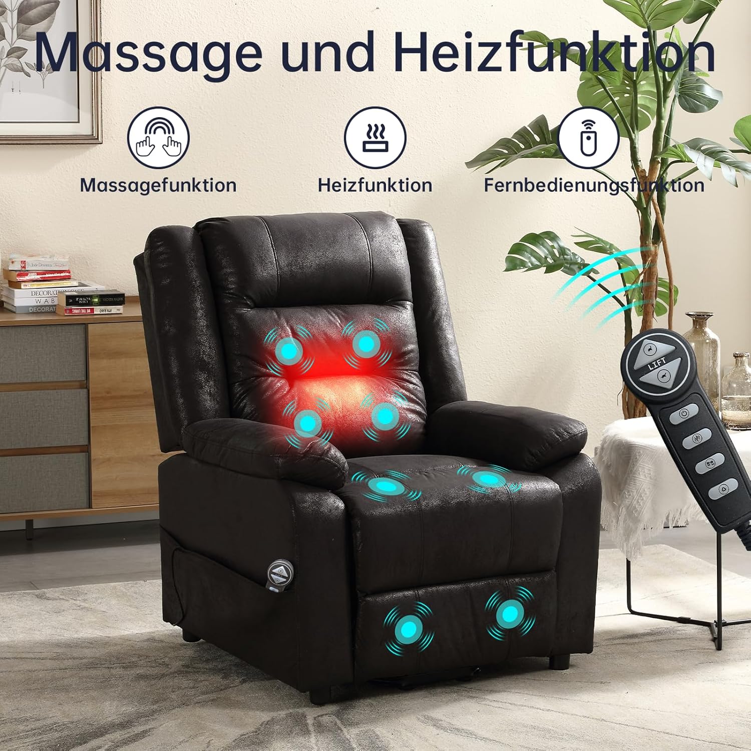 Asukale Elektrischer Relaxsessel mit Aufstehhilfe, Massage & Heizfunktion, Fernsehsessel verstellbar mit Fußstütze & Fernbedienung – Bild 2