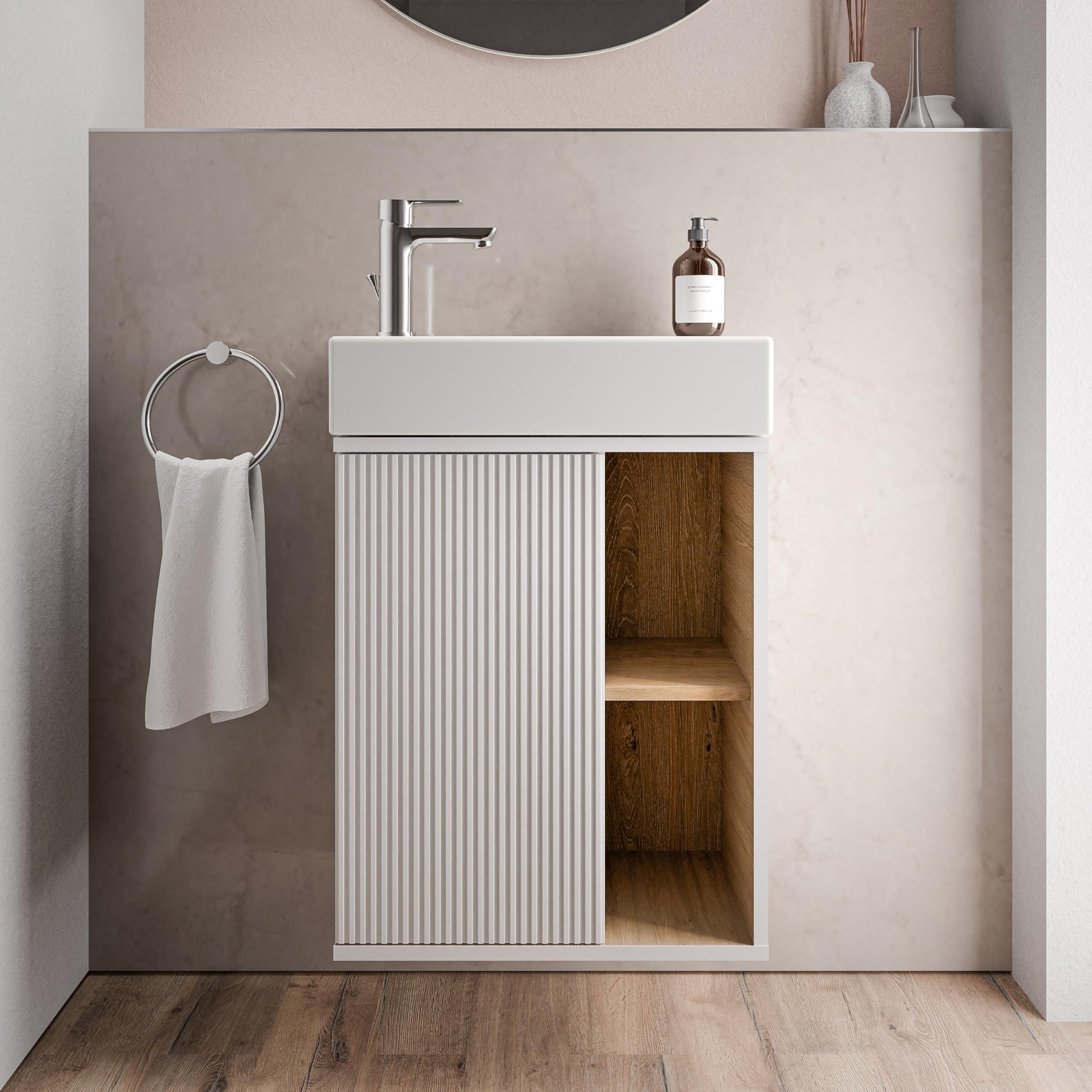 BERNSTEIN Beldivo Badmöbel Set mit Waschbecken – Wandhängender Waschtischunterschrank mit Keramikbecken, Push-Open & Soft-Close, MDF – Bild 7