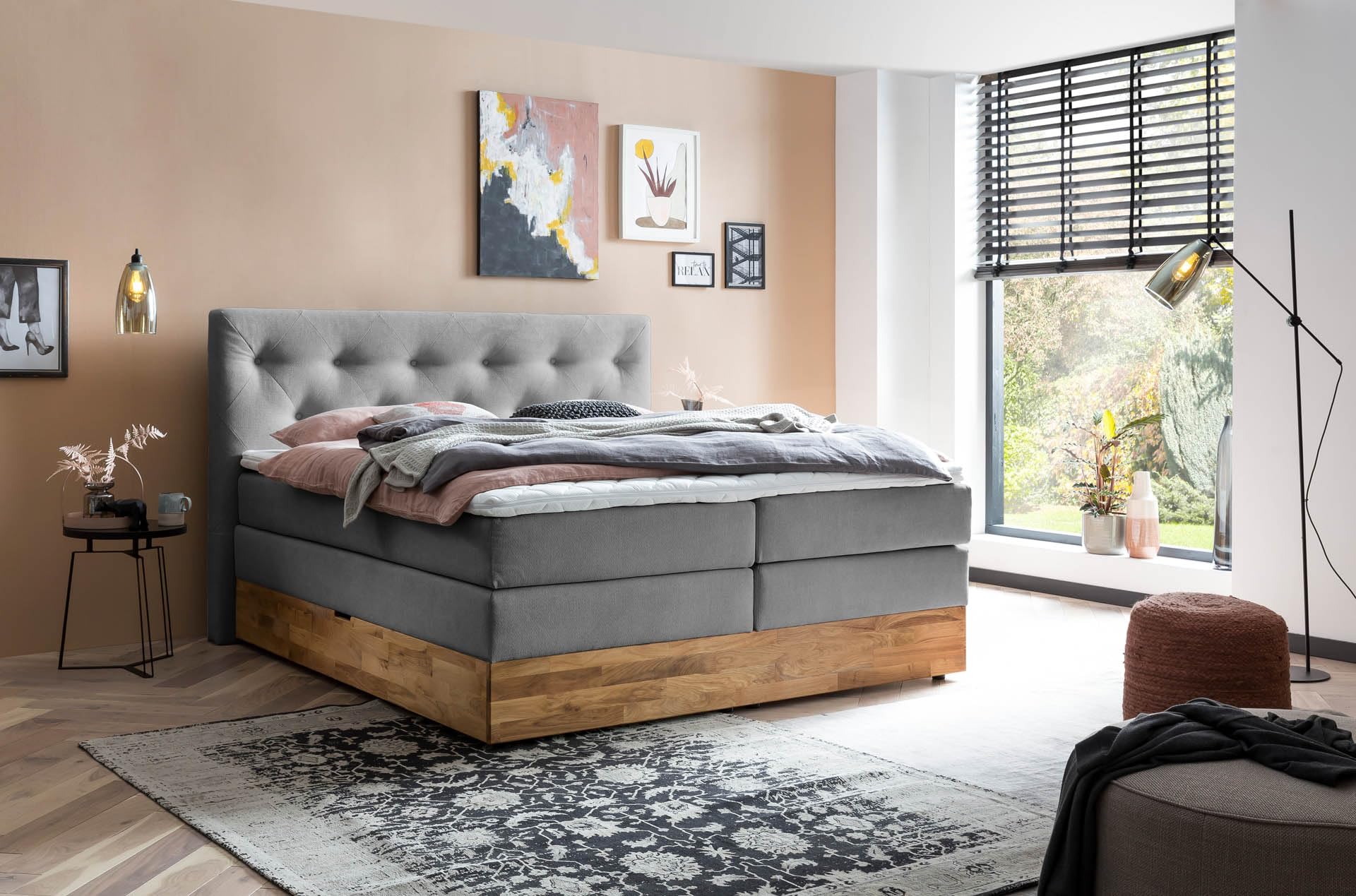 Belanoti Marbo Boxspringbett mit Bettkasten, 7-Zonen Taschenfederkern Matratze & Visco Topper, Massivholz Eiche, Polsterbett – Bild 2