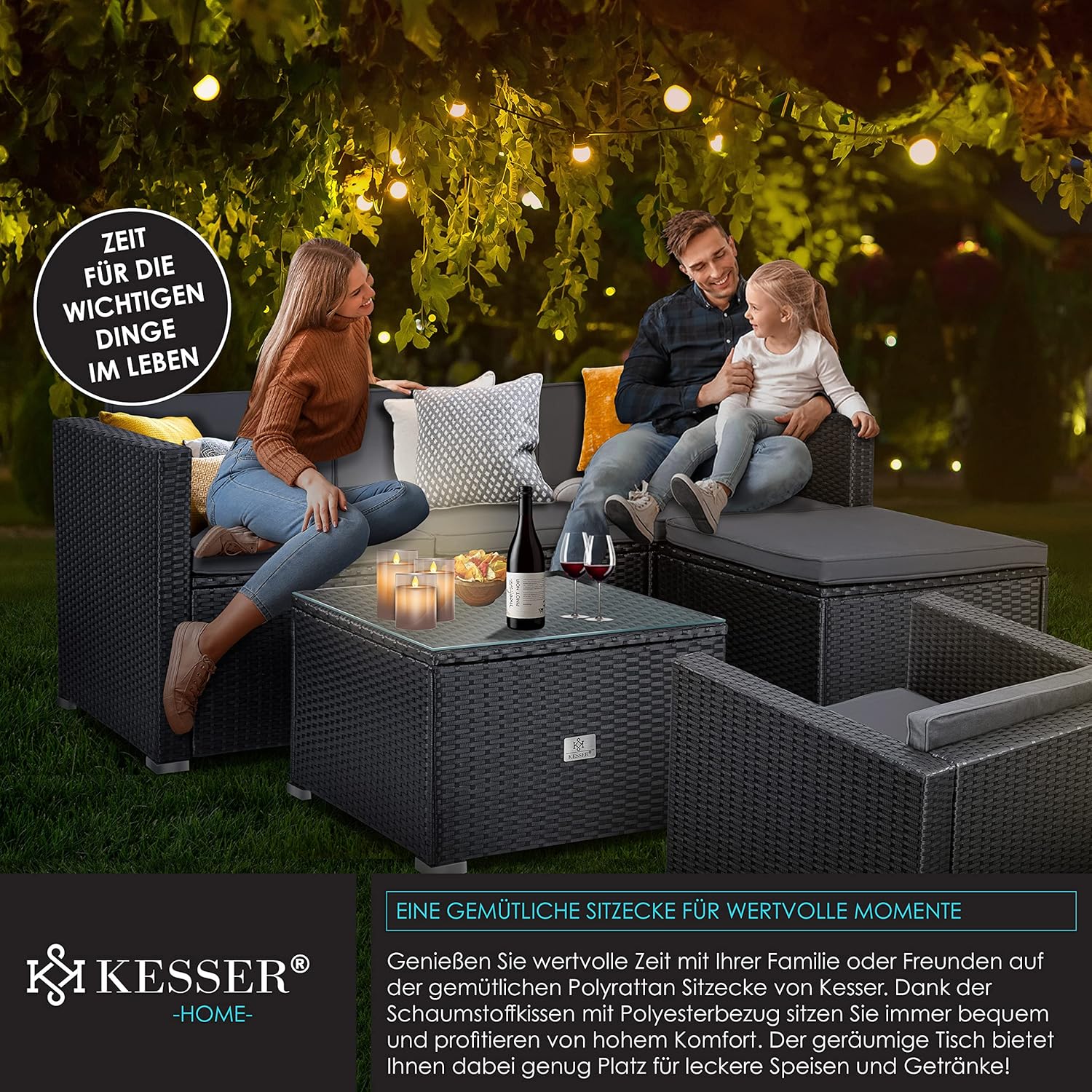 KESSER Polyrattan Gartenlounge Set Anthrazit – 4-teiliges Gartenmöbel Set mit Sofa, Sessel, Hocker & Tisch für Terrasse, Balkon, Garten – Bild 5