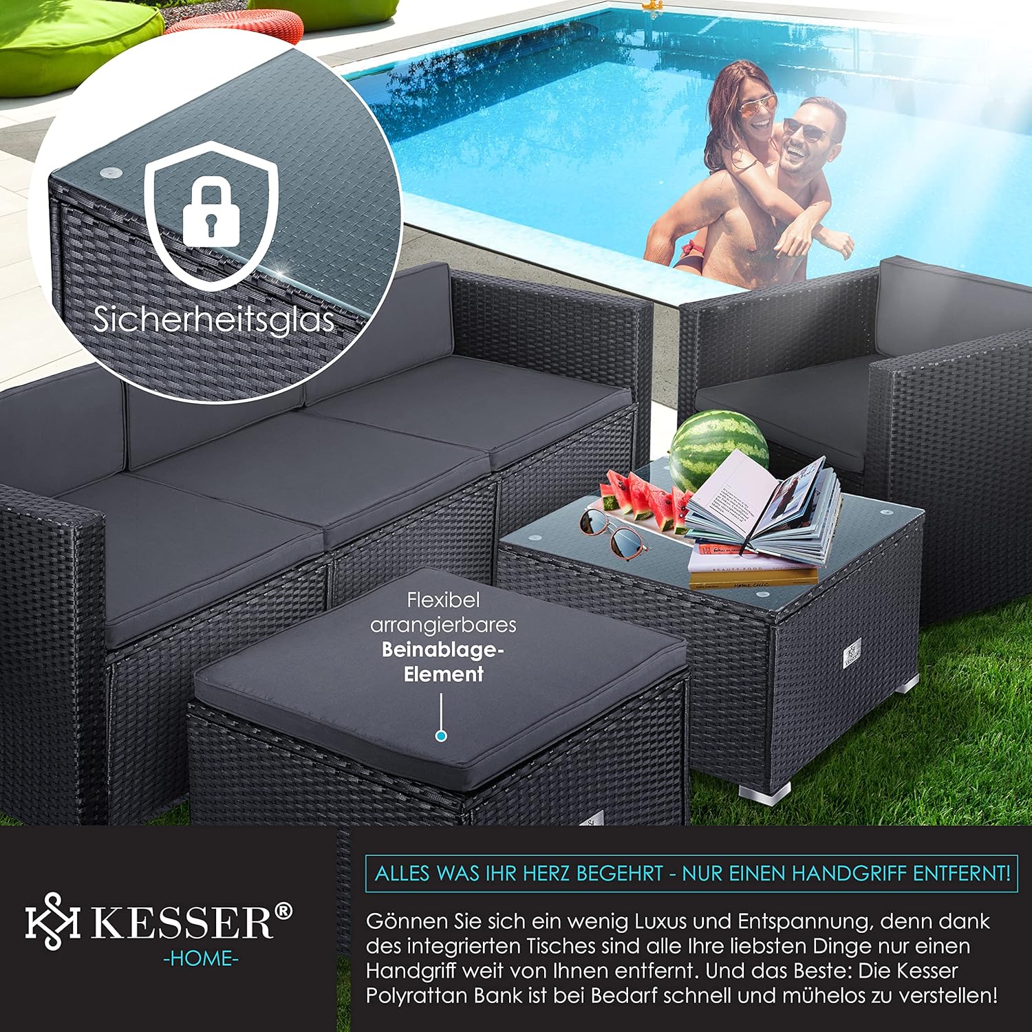 KESSER Polyrattan Gartenlounge Set Anthrazit – 4-teiliges Gartenmöbel Set mit Sofa, Sessel, Hocker & Tisch für Terrasse, Balkon, Garten – Bild 4