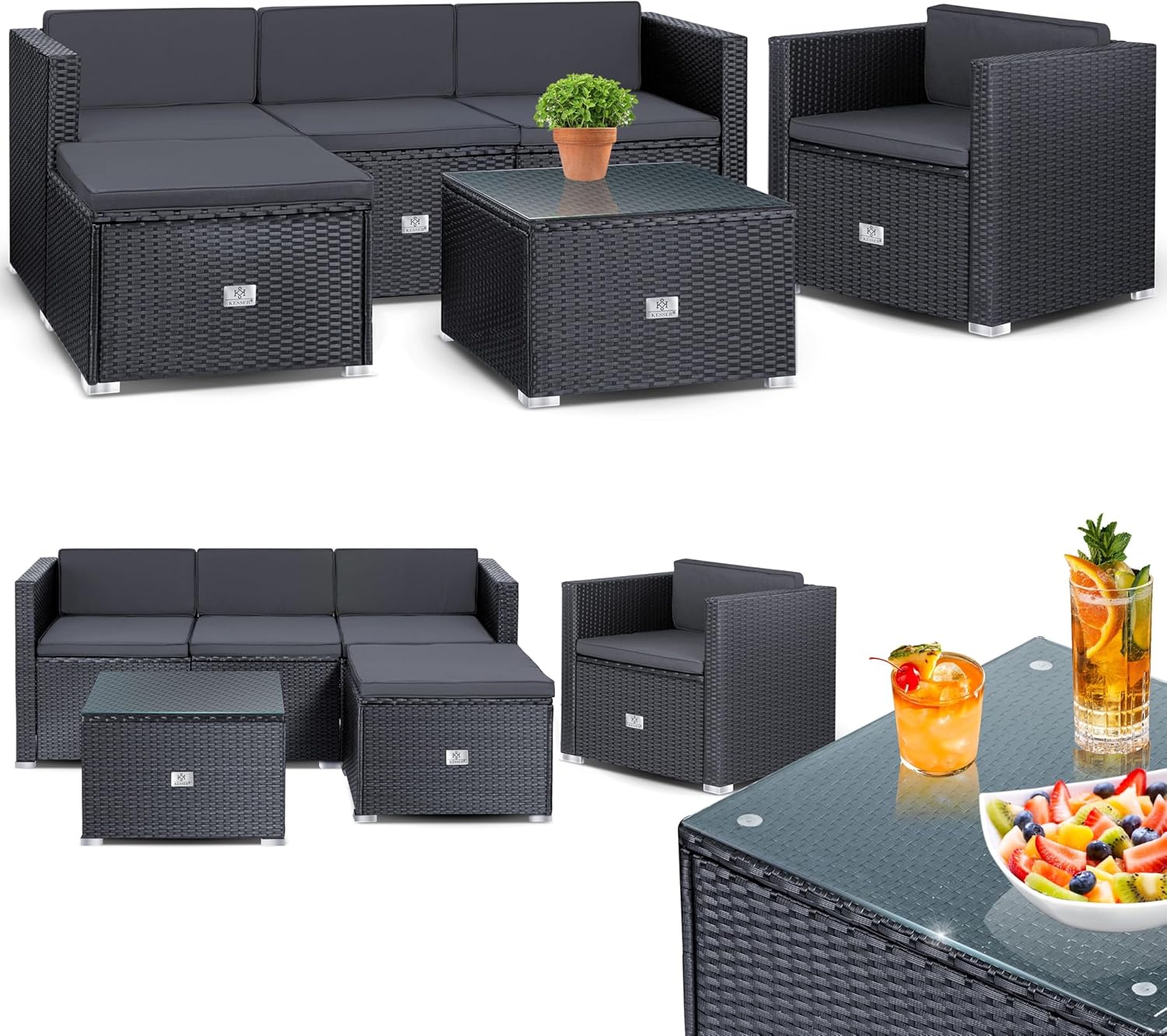 KESSER Polyrattan Gartenlounge Set Anthrazit – 4-teiliges Gartenmöbel Set mit Sofa, Sessel, Hocker & Tisch für Terrasse, Balkon, Garten – Bild 8