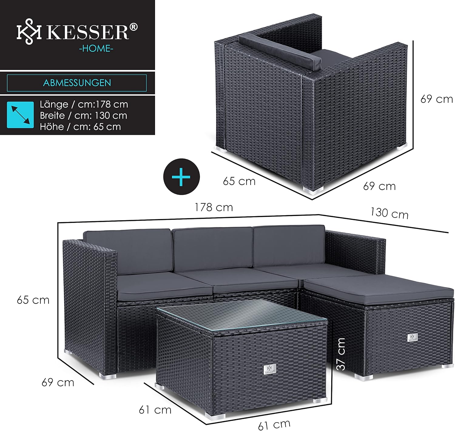 KESSER Polyrattan Gartenlounge Set Anthrazit – 4-teiliges Gartenmöbel Set mit Sofa, Sessel, Hocker & Tisch für Terrasse, Balkon, Garten – Bild 6