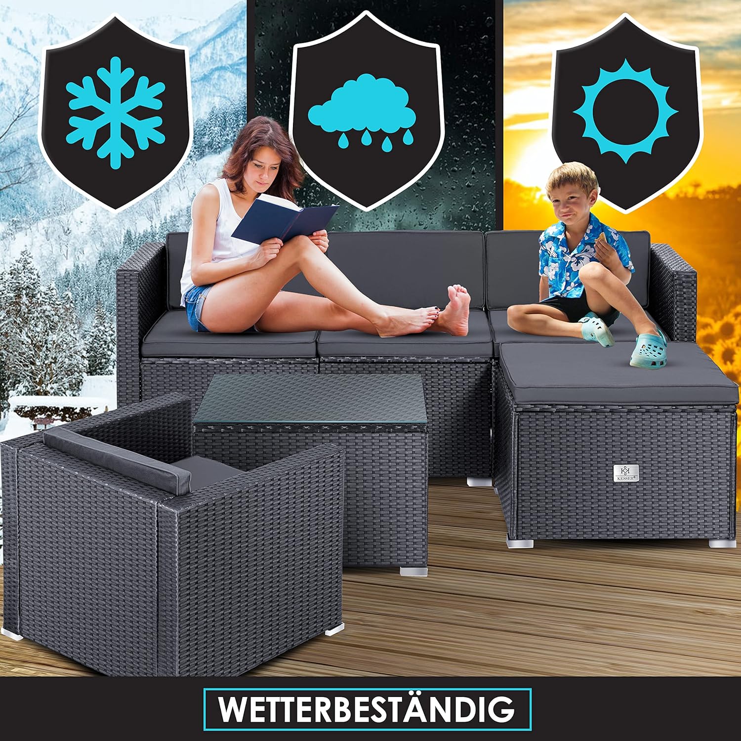 KESSER Polyrattan Gartenlounge Set Anthrazit – 4-teiliges Gartenmöbel Set mit Sofa, Sessel, Hocker & Tisch für Terrasse, Balkon, Garten – Bild 7