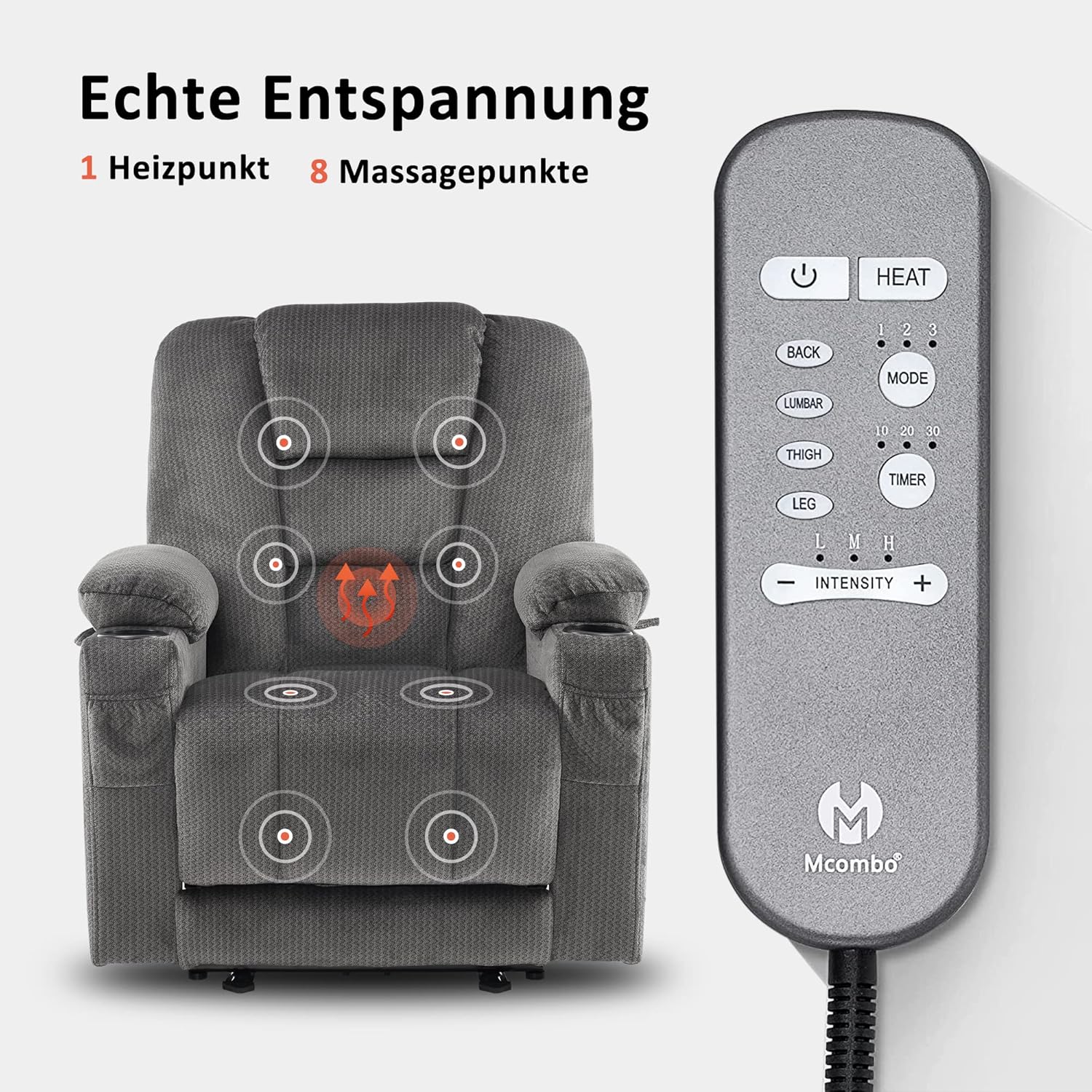 M MCombo Elektrischer Fernsehsessel Relaxsessel mit Liegefunktion, Massage & Wärme, USB-Anschluss, verstellbarer TV Sessel für Wohnzimmer – Bild 2