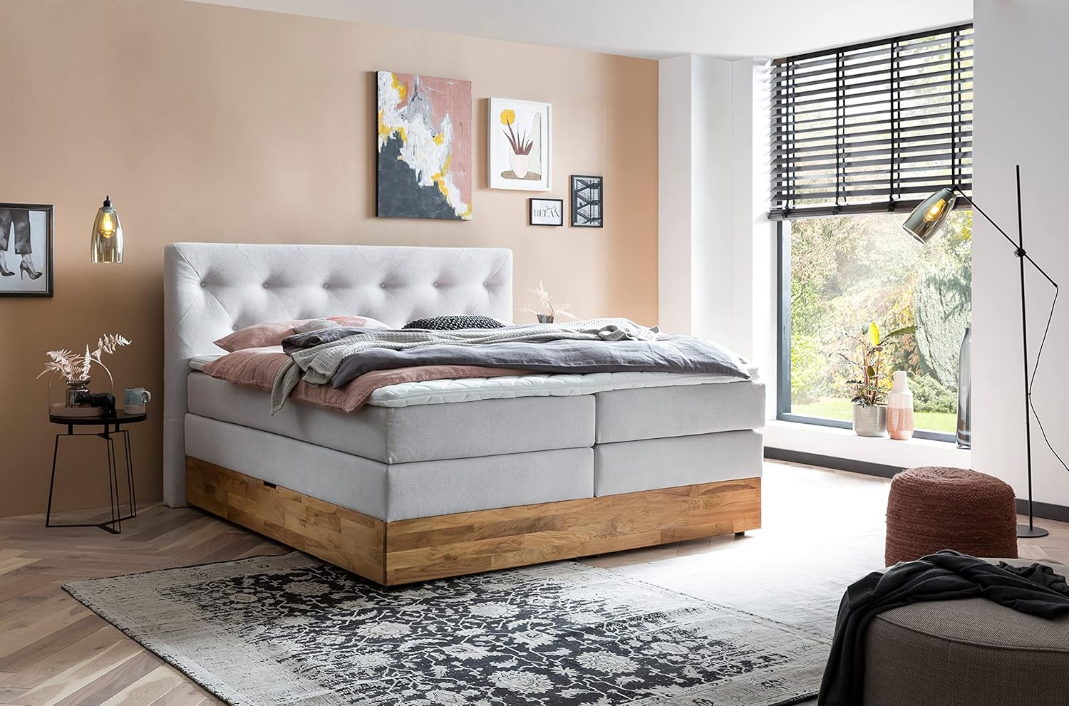 Belanoti Marbo Boxspringbett mit Bettkasten, 7-Zonen Taschenfederkern Matratze & Visco Topper, Massivholz Eiche, Polsterbett – Bild 8