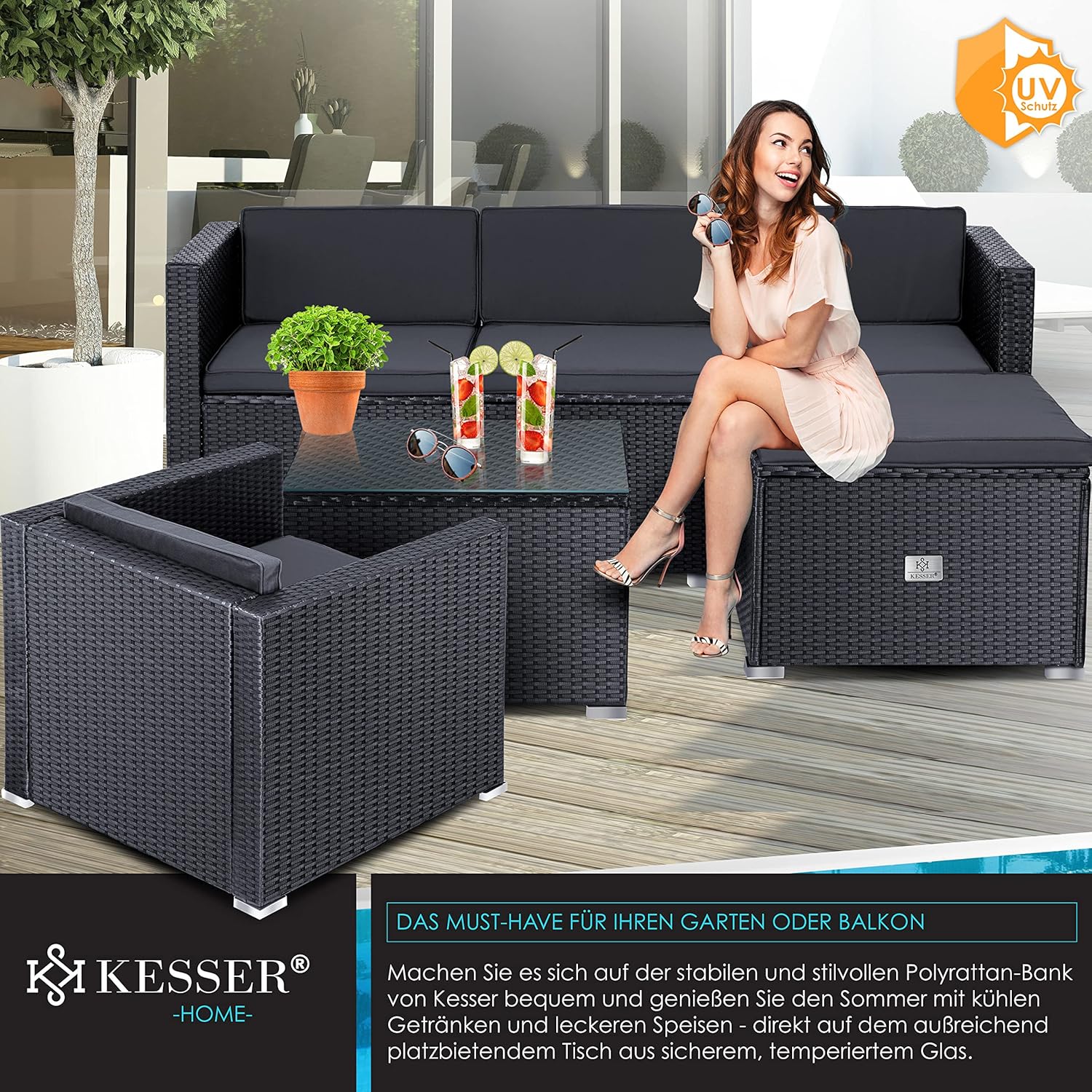 KESSER Polyrattan Gartenlounge Set Anthrazit – 4-teiliges Gartenmöbel Set mit Sofa, Sessel, Hocker & Tisch für Terrasse, Balkon, Garten – Bild 2